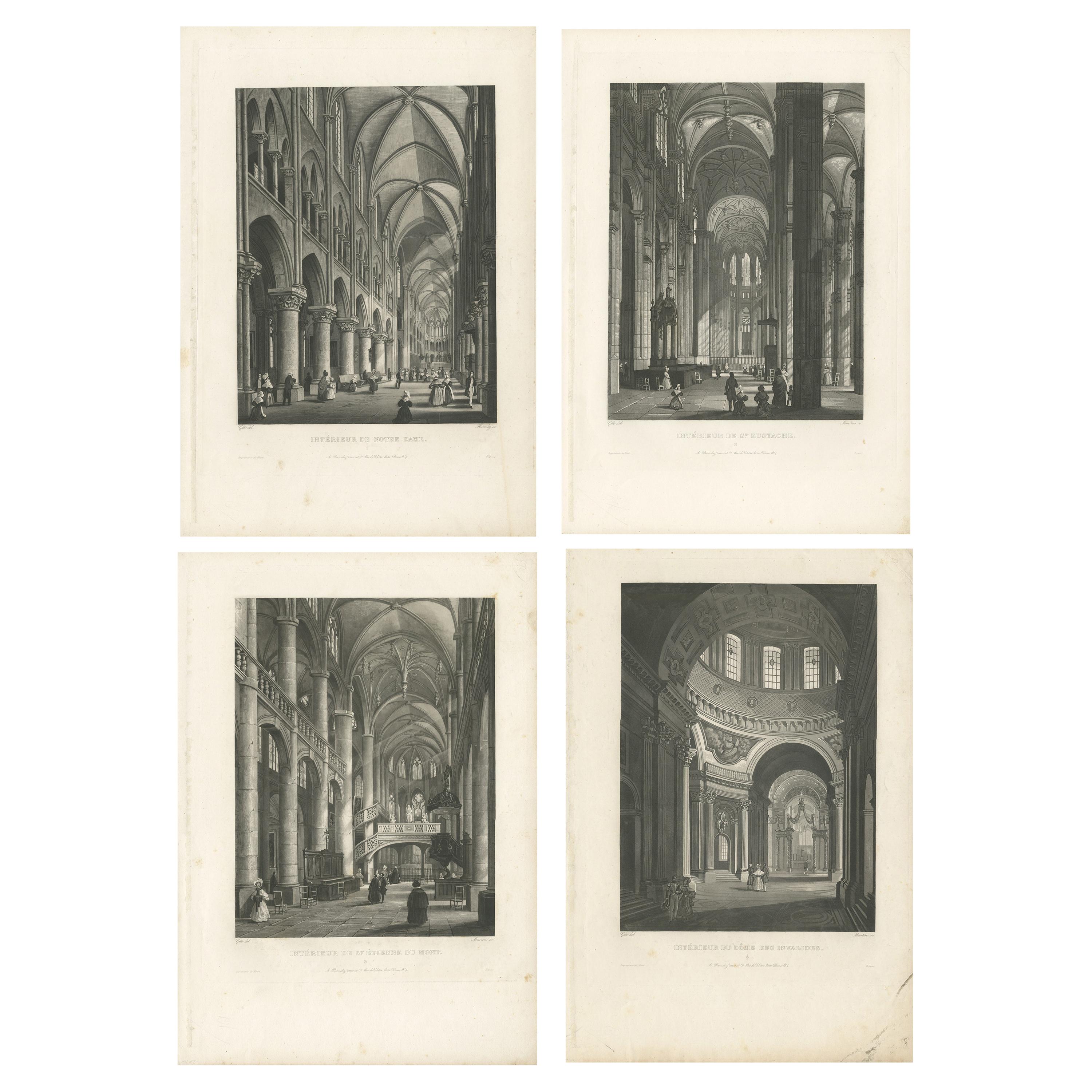 Set of Four Antique Prints with Interior Views of Famous Buildings in Paris