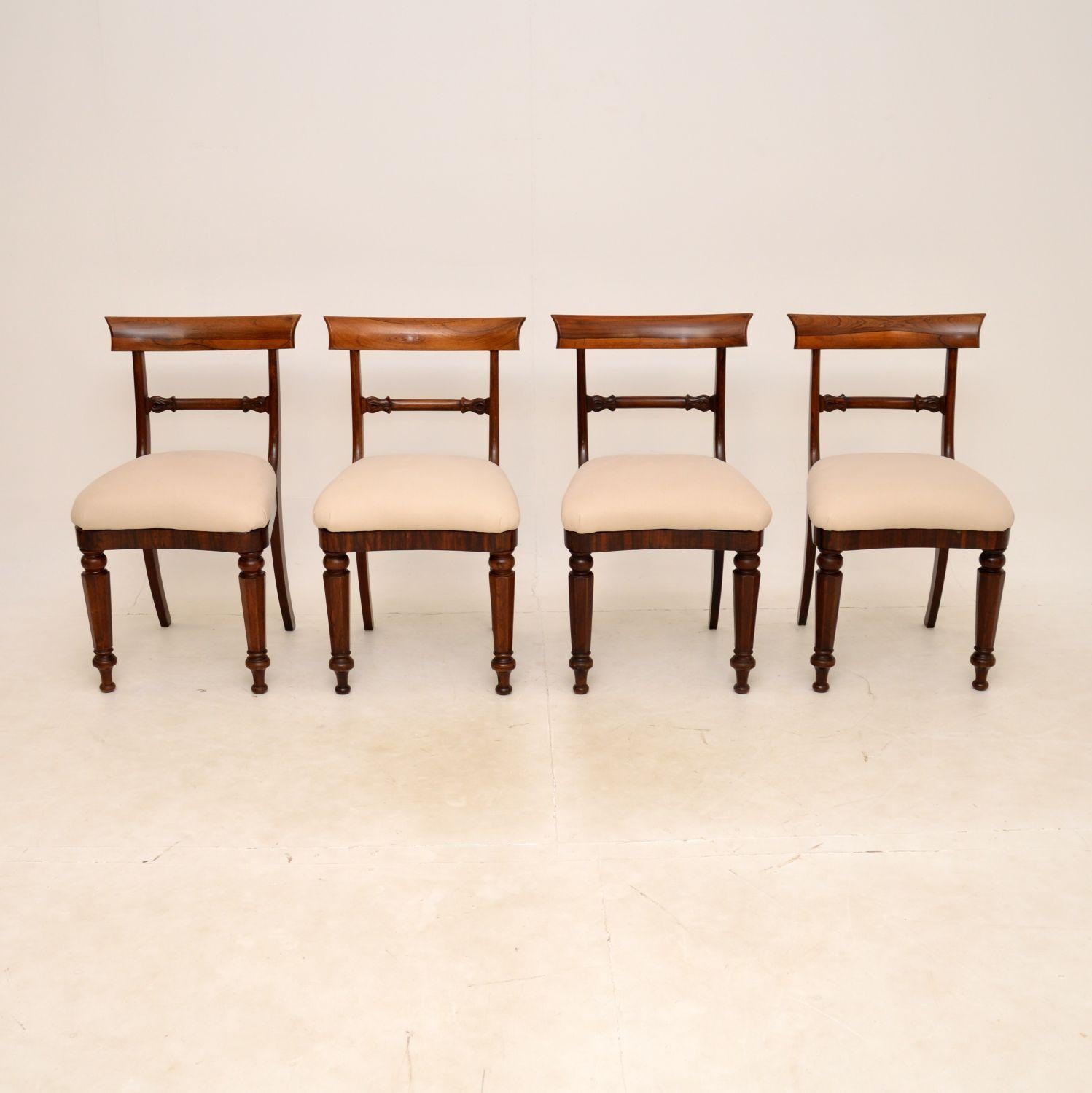 A fantastic set of four solid dining chairs from the William IV period. They were made in England, and they date from around 1830-40.

The quality is outstanding, they are very sturdy and supportive. They have beautifully shaped pierced Trafalgar