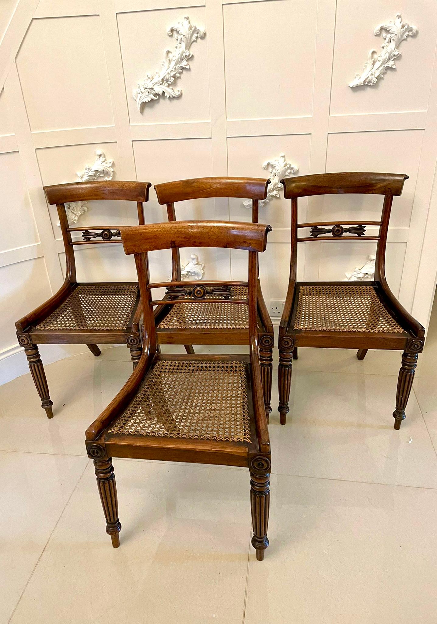 Set of four antique regency quality rosewood dining chairs having a shaped top rail, pretty quality carved rosewood splat to the centre of the back, original cane seats and standing on reeded tapering legs to the front and out swept back legs
