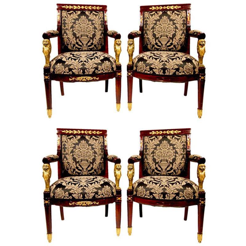 French Federal EmpireStyle Victorian Cherry Wood Armchairs, Set of Four For Sale