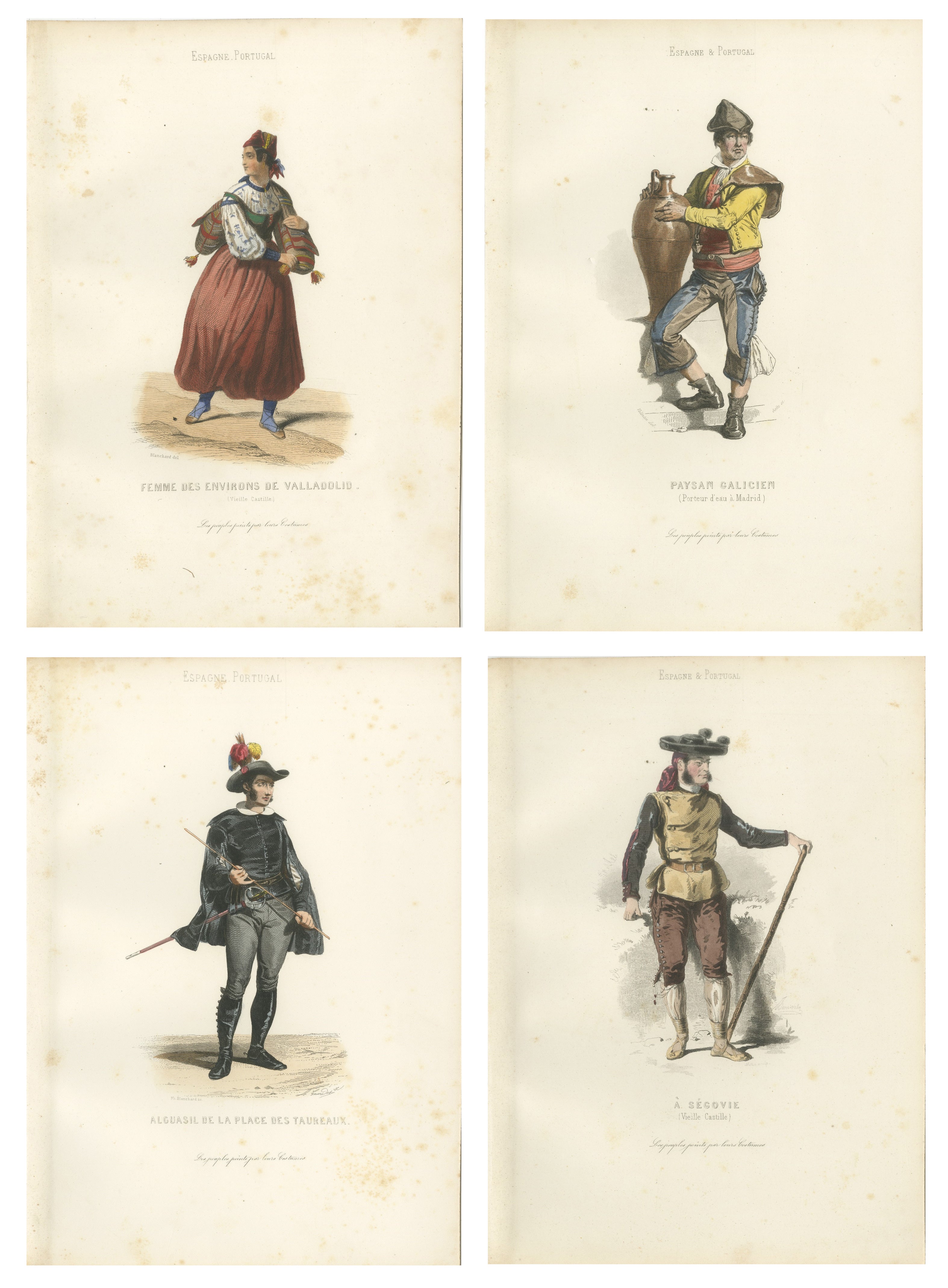 Set of Four Antique Spanish Costume Engravings, Castile & Madrid, circa 1850
