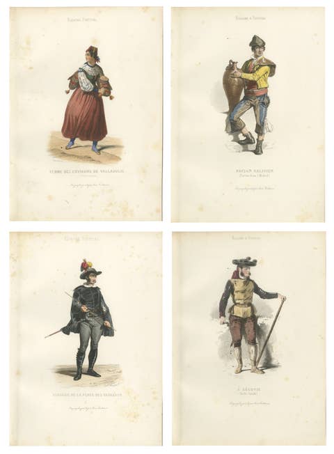 Set of Four Antique Spanish Costume Engravings, Castile & Madrid, circa 1850
