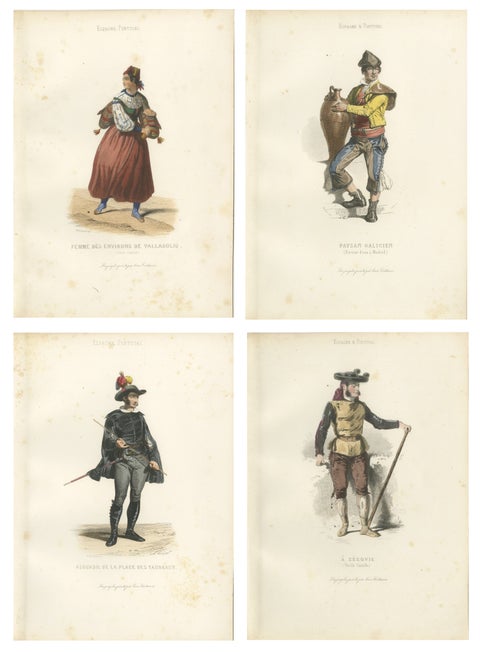 Set of Four Antique Spanish Costume Engravings, Castile & Madrid, circa 1850