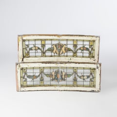 Set of Four Antique Stained & Leaded Glass Windows, Two Curved, Circa 1900