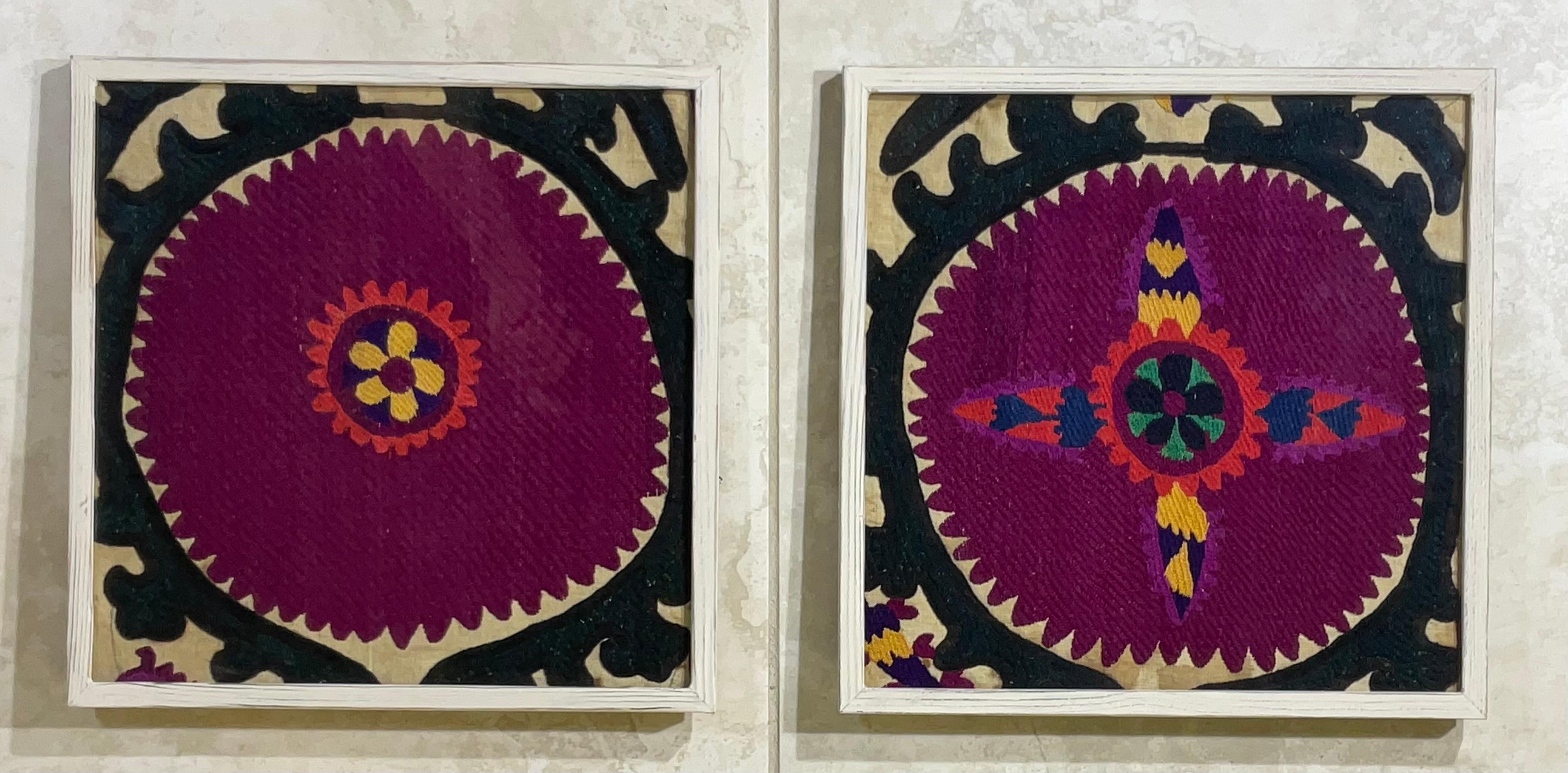 Exceptional antique hand embroidery Suzani textile, beautiful purple color , with circle of life round motif , professionally mounted on hand painted wood frame to make beautiful versatile objects of art for wall hanging.
