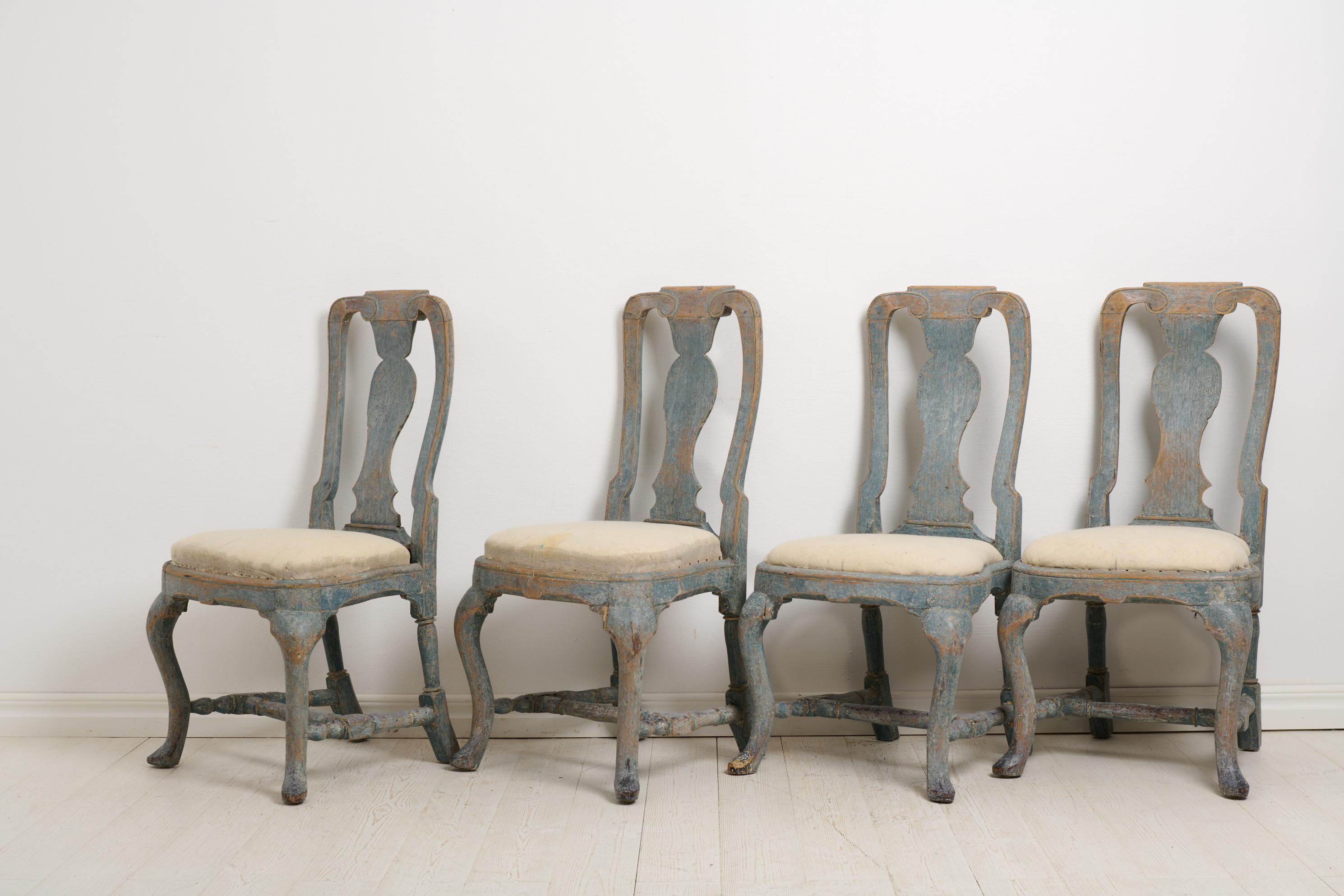 Hand-Crafted Set of Four Antique Swedish Late-Baroque Chairs with Original Paint and Patina For Sale