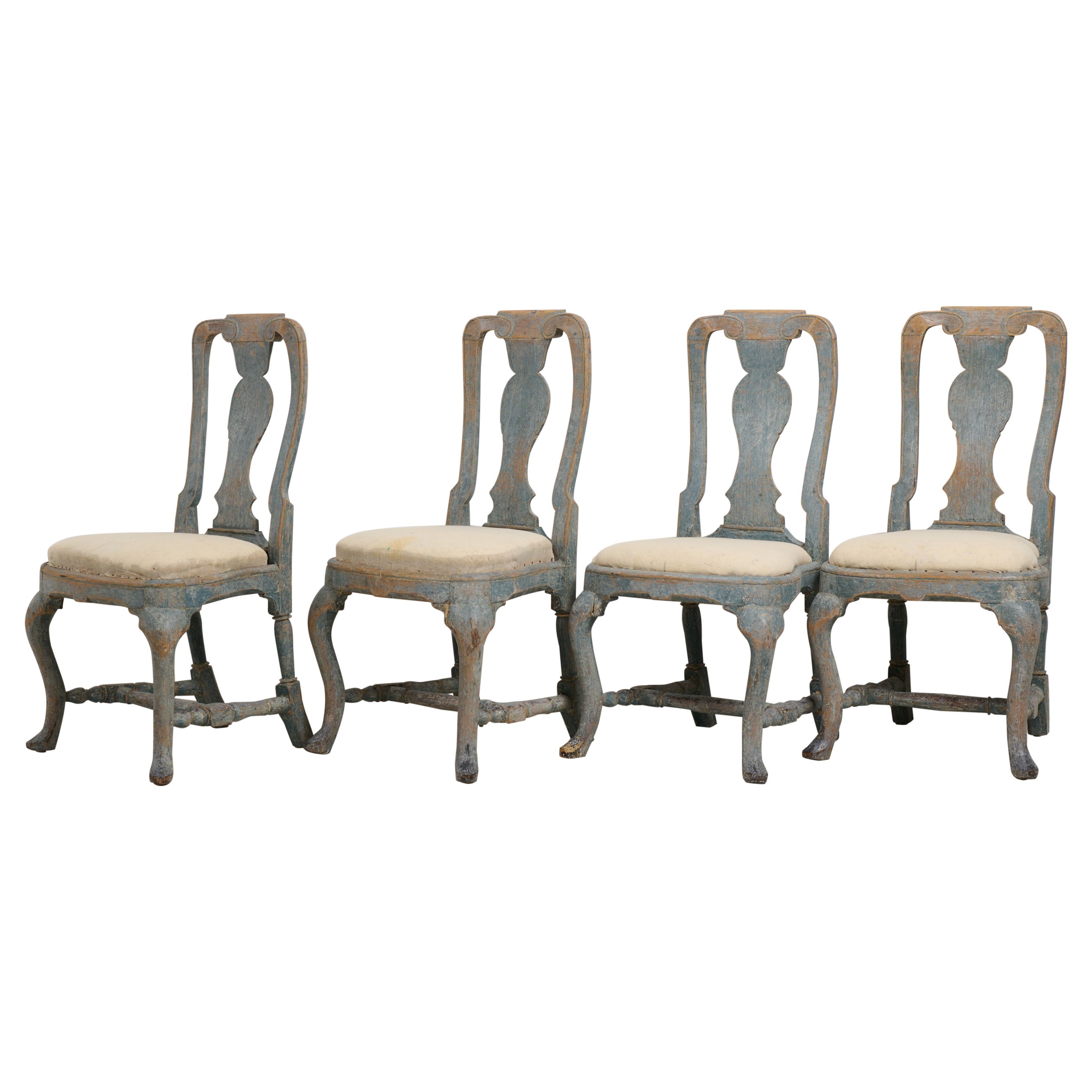 Set of Four Antique Swedish Late-Baroque Chairs with Original Paint and Patina For Sale