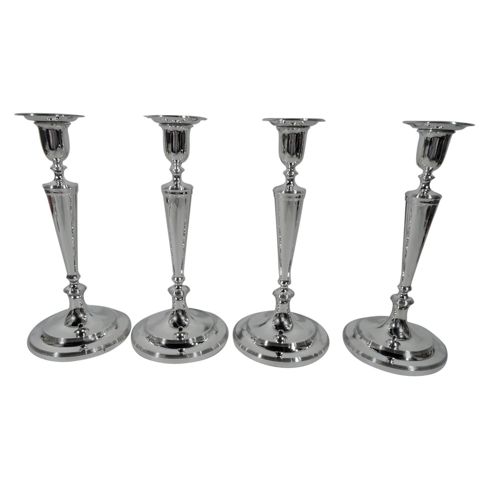 Set of Four Antique Tiffany Classical Sterling Silver Candlesticks