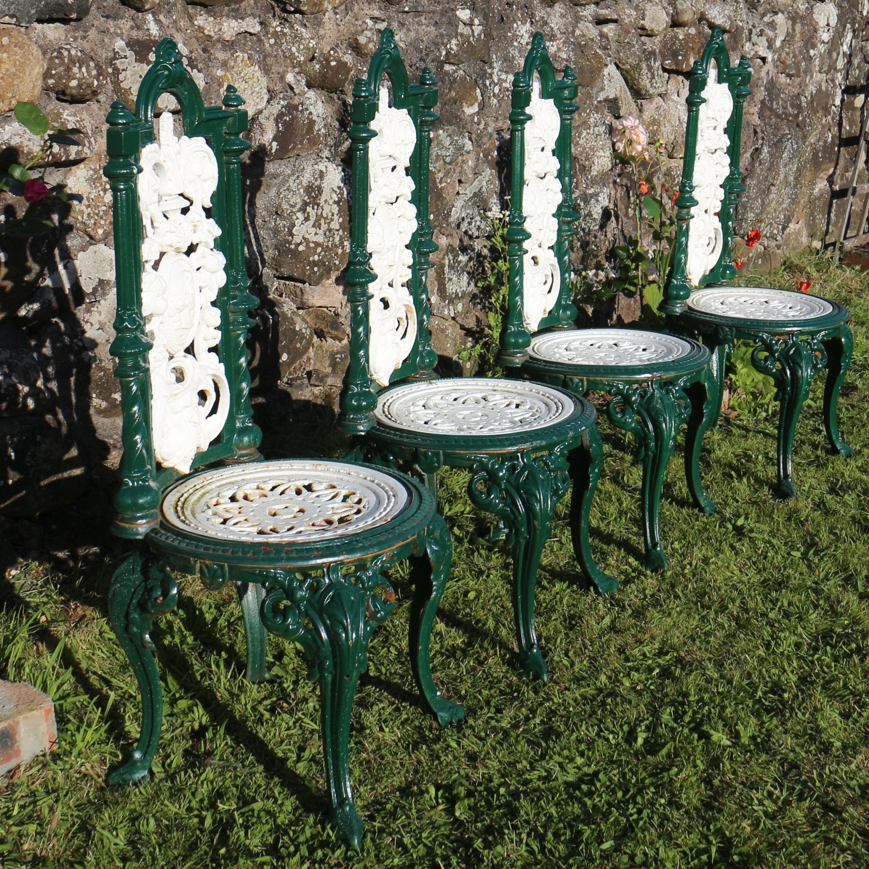 European Set of four Antique Victorian Cast Iron Garden or Conservatory Chairs For Sale