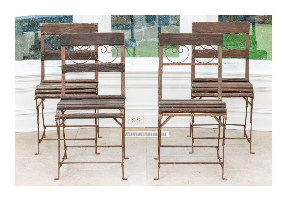 Set Of Four Antique Wood And Iron Garden Chairs For Sale 6