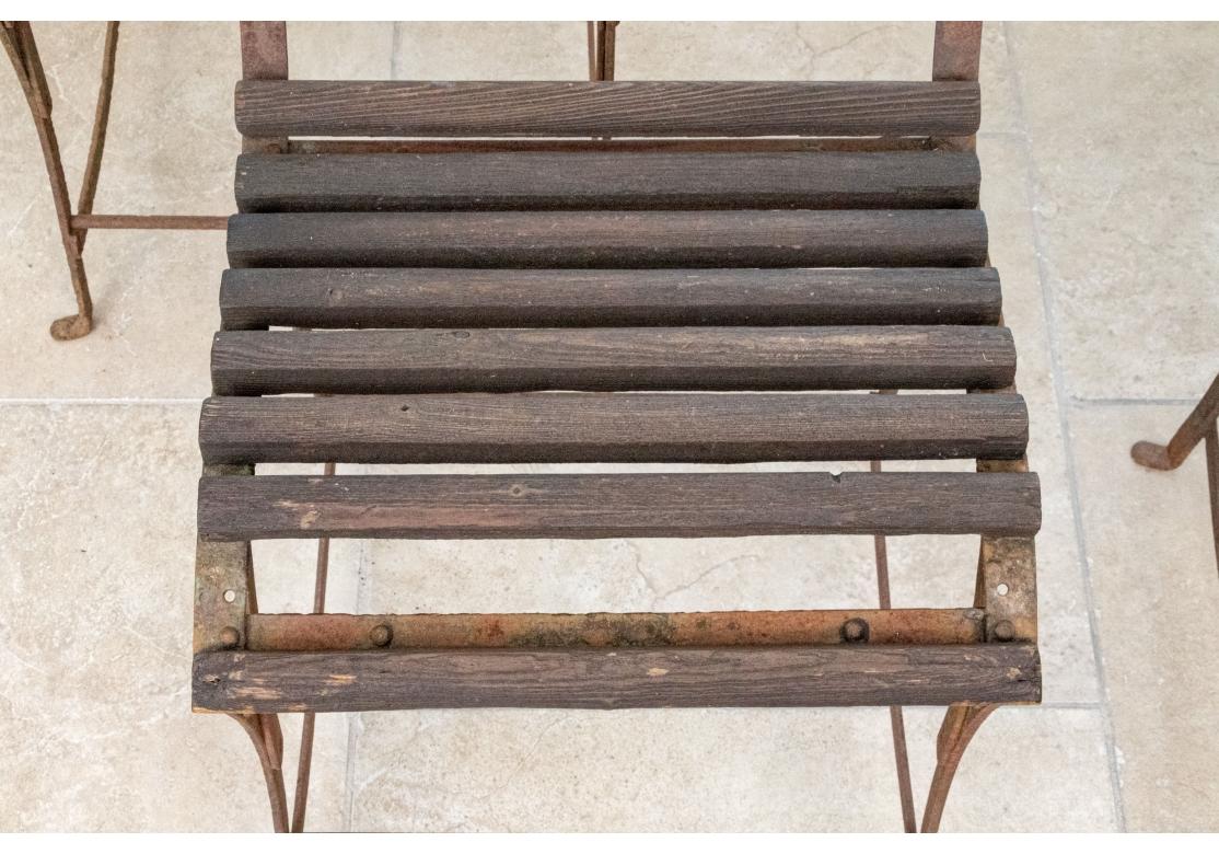 Industrial Set Of Four Antique Wood And Iron Garden Chairs For Sale