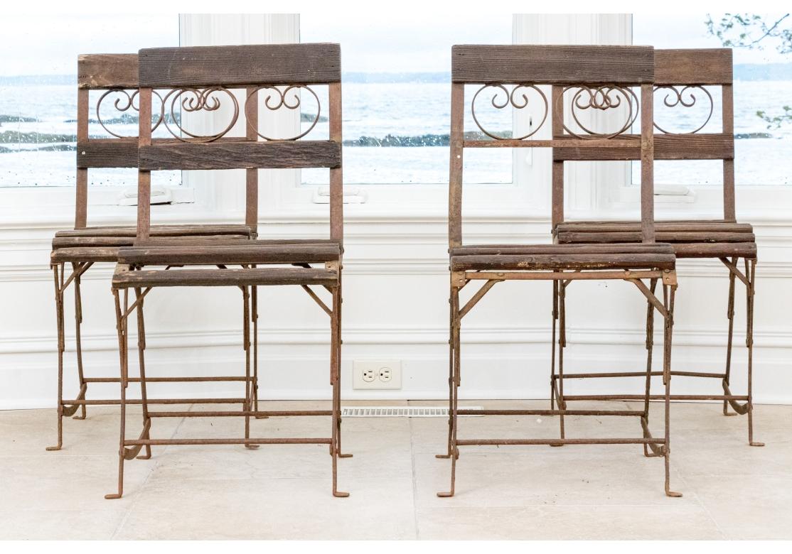 Italian Set Of Four Antique Wood And Iron Garden Chairs For Sale