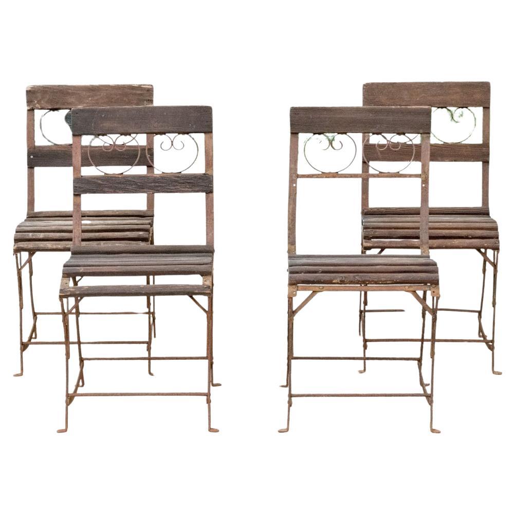 Set Of Four Antique Wood And Iron Garden Chairs