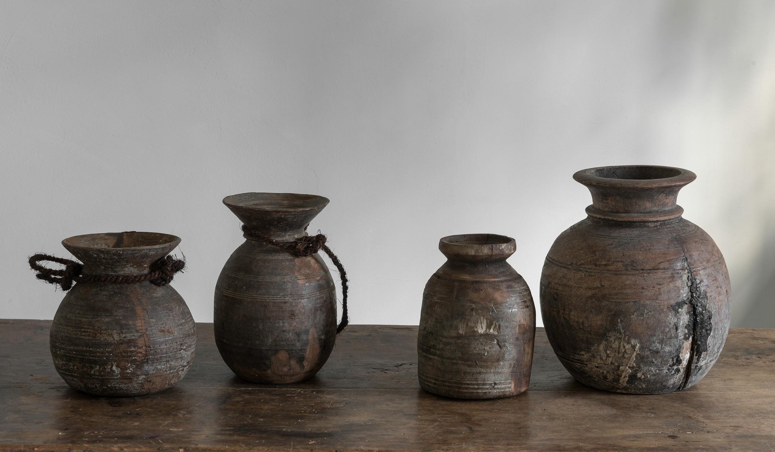 Tibetan Set of Four Antique Wooden Tibetian Pots For Sale