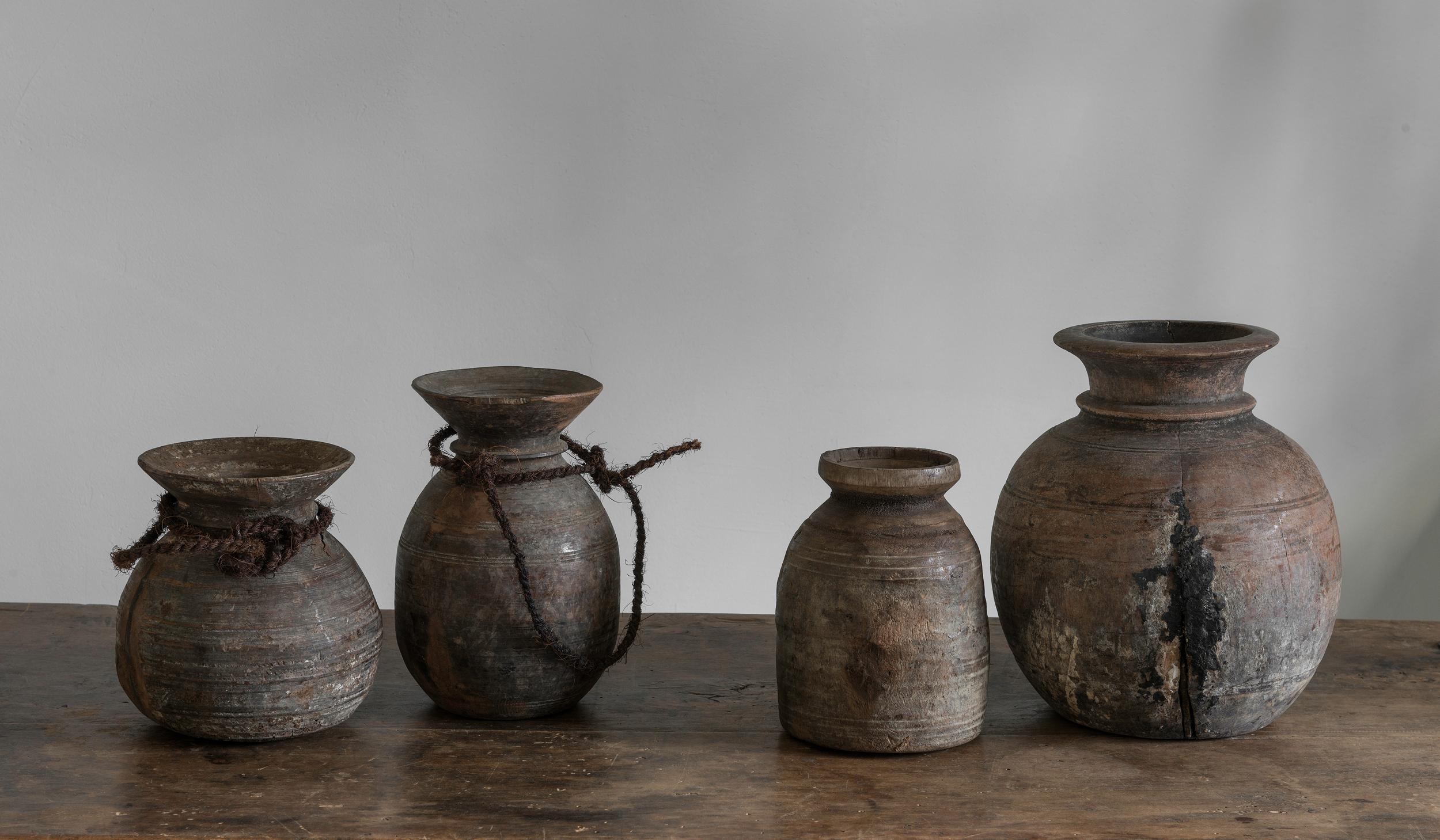 A great group of antique wooden pots, at least late 19th century. Whilst they look very similar to Tibetian Yak containers, we prefer to offer them as Belgian, since we found them in Belgium.