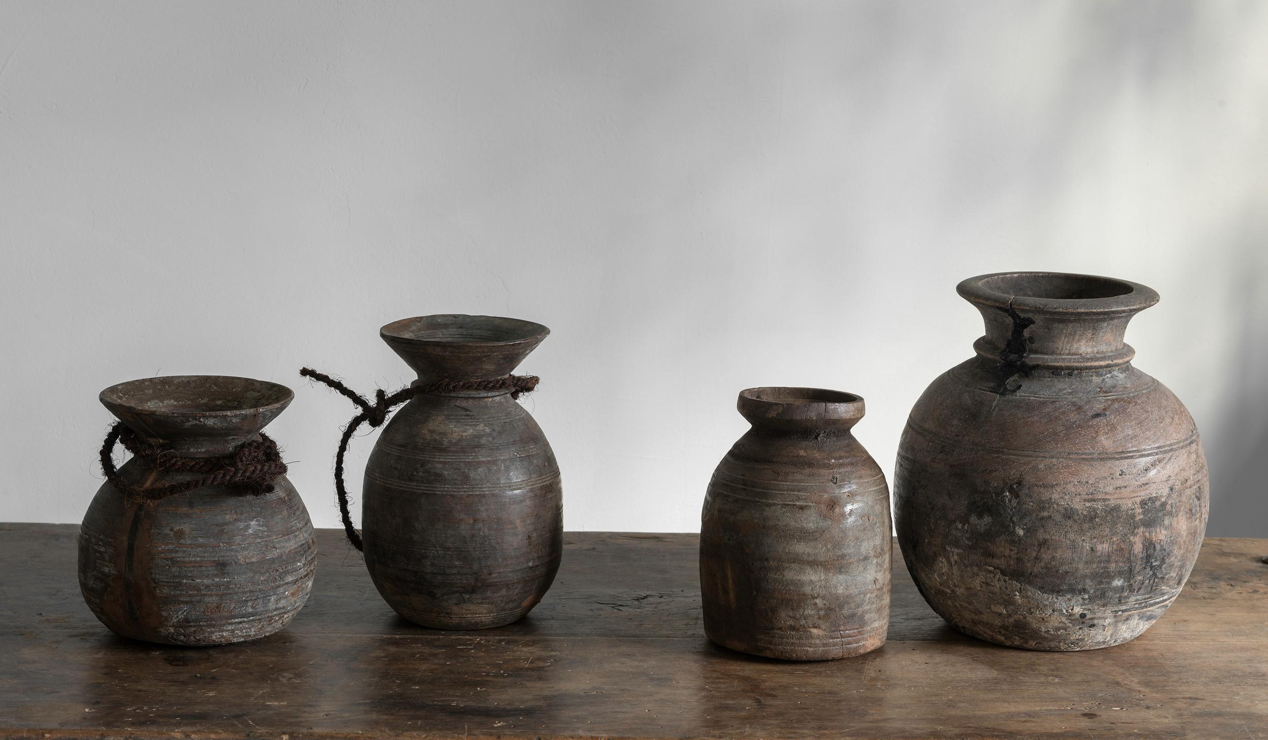 Turned Set of Four Antique Wooden Tibetian Pots For Sale