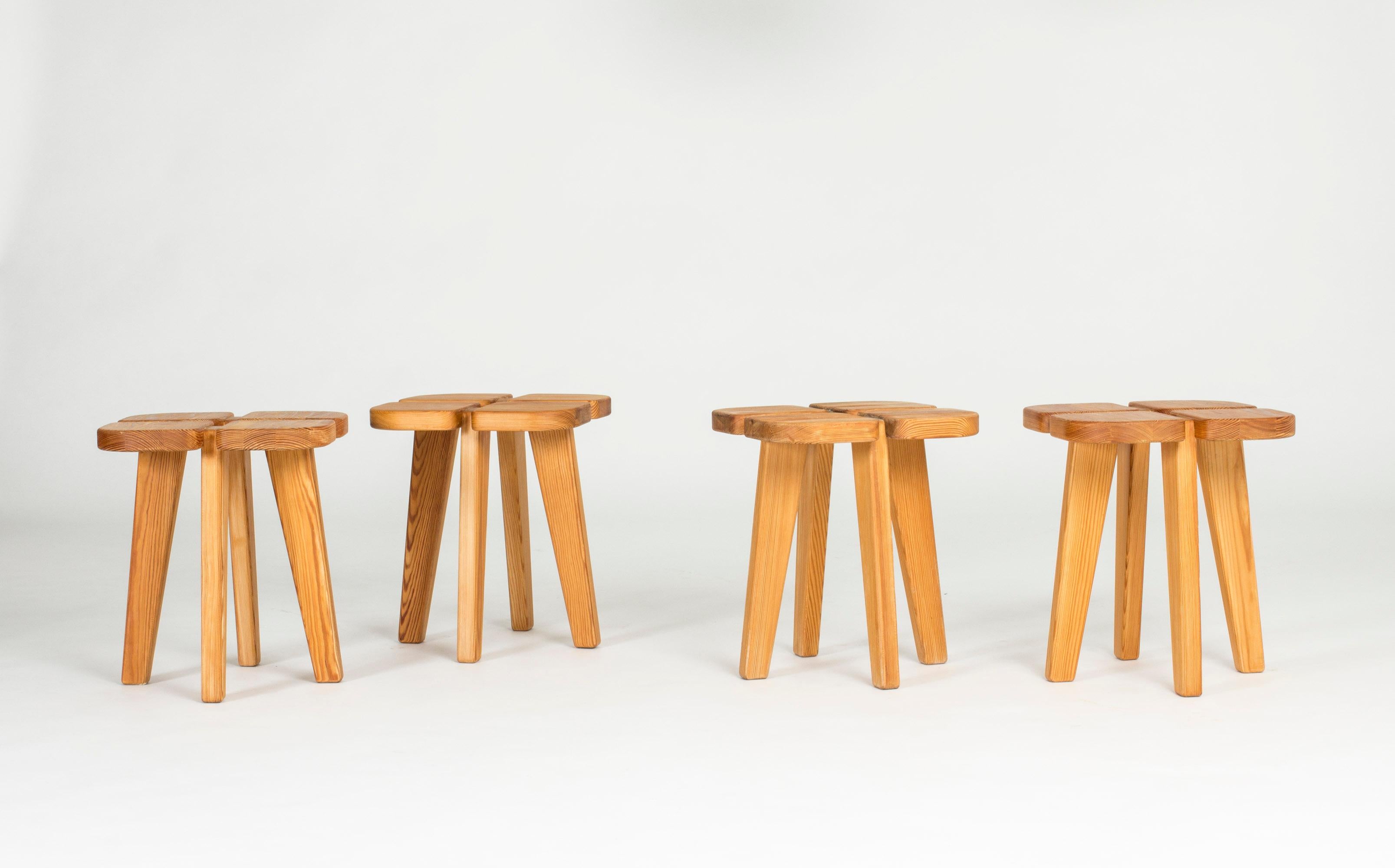 Set of four “Apila” stools by Lisa Johansson-Pape, made from pine with lively woodgrain that varies from stool to stool. “Avila” means clover, so these are four lucky seats.