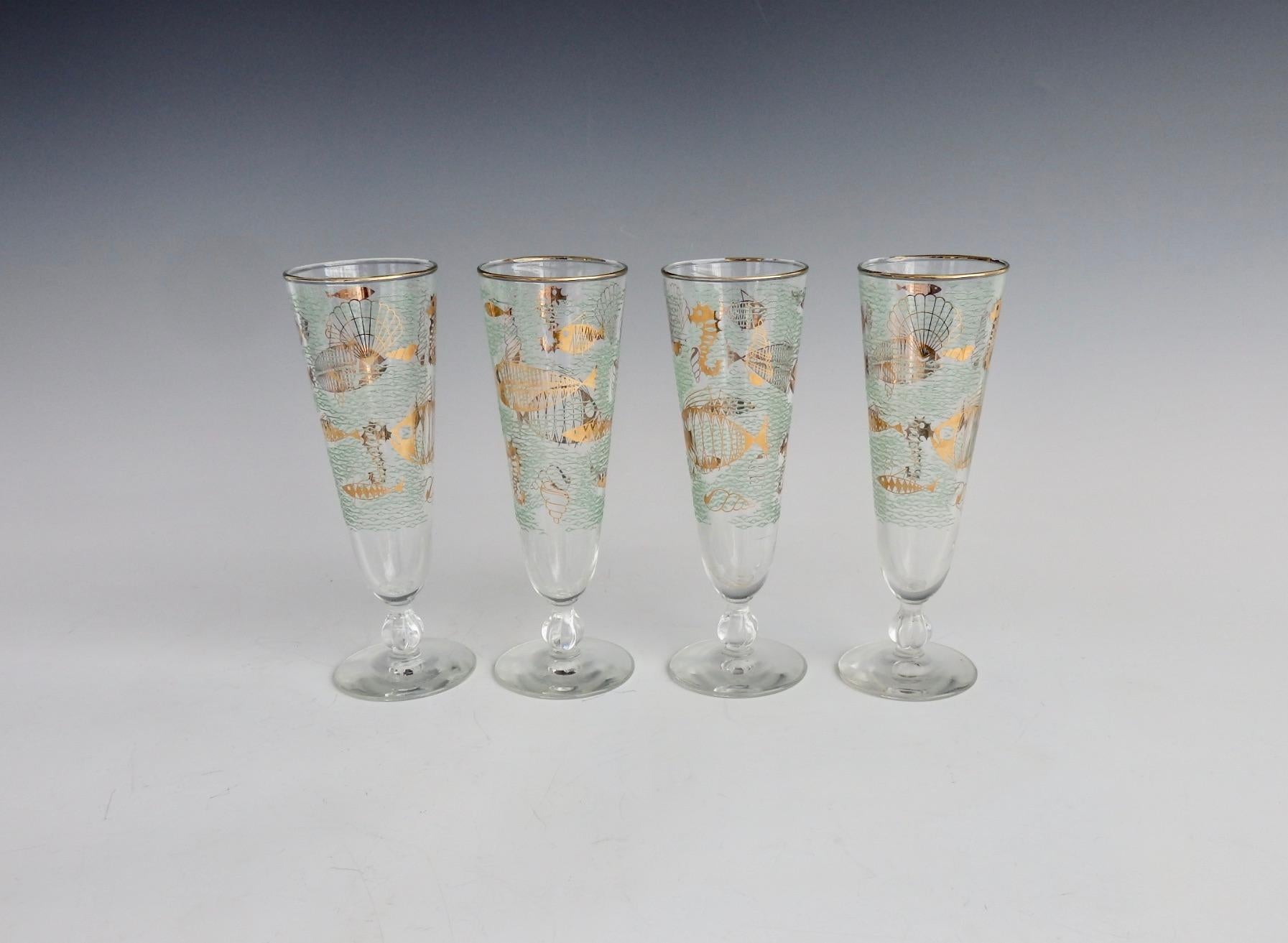 American Set of Four Aquatic Theme Fish and Seahorse Aqua Gold Pilsner Glasses For Sale