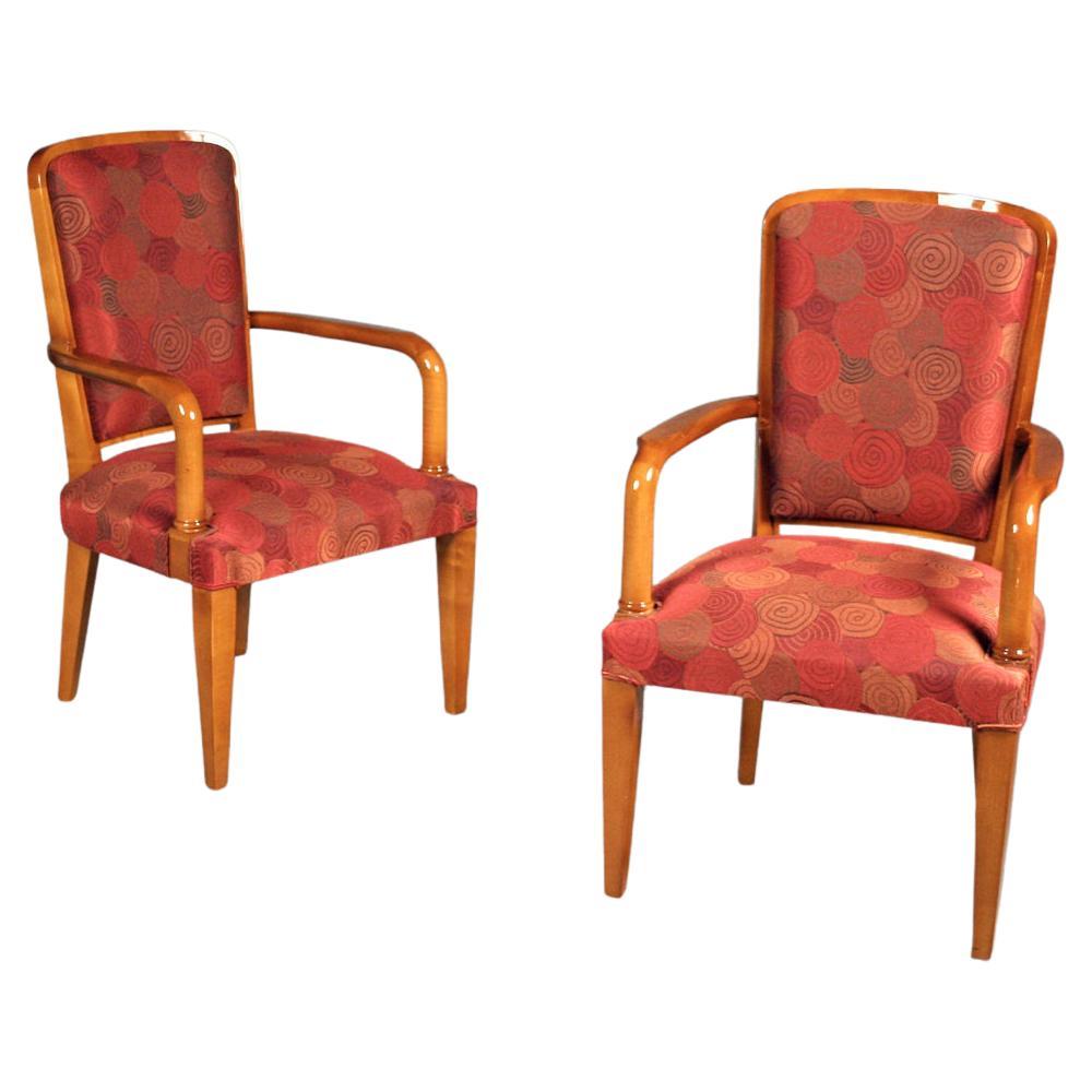Pair of Sycamore Armchairs by French Designer André Arbus upholstered in an Art Deco pattern fabric.
Documented in the Andre Arbus book.
Made in France.
Circa: 1950.