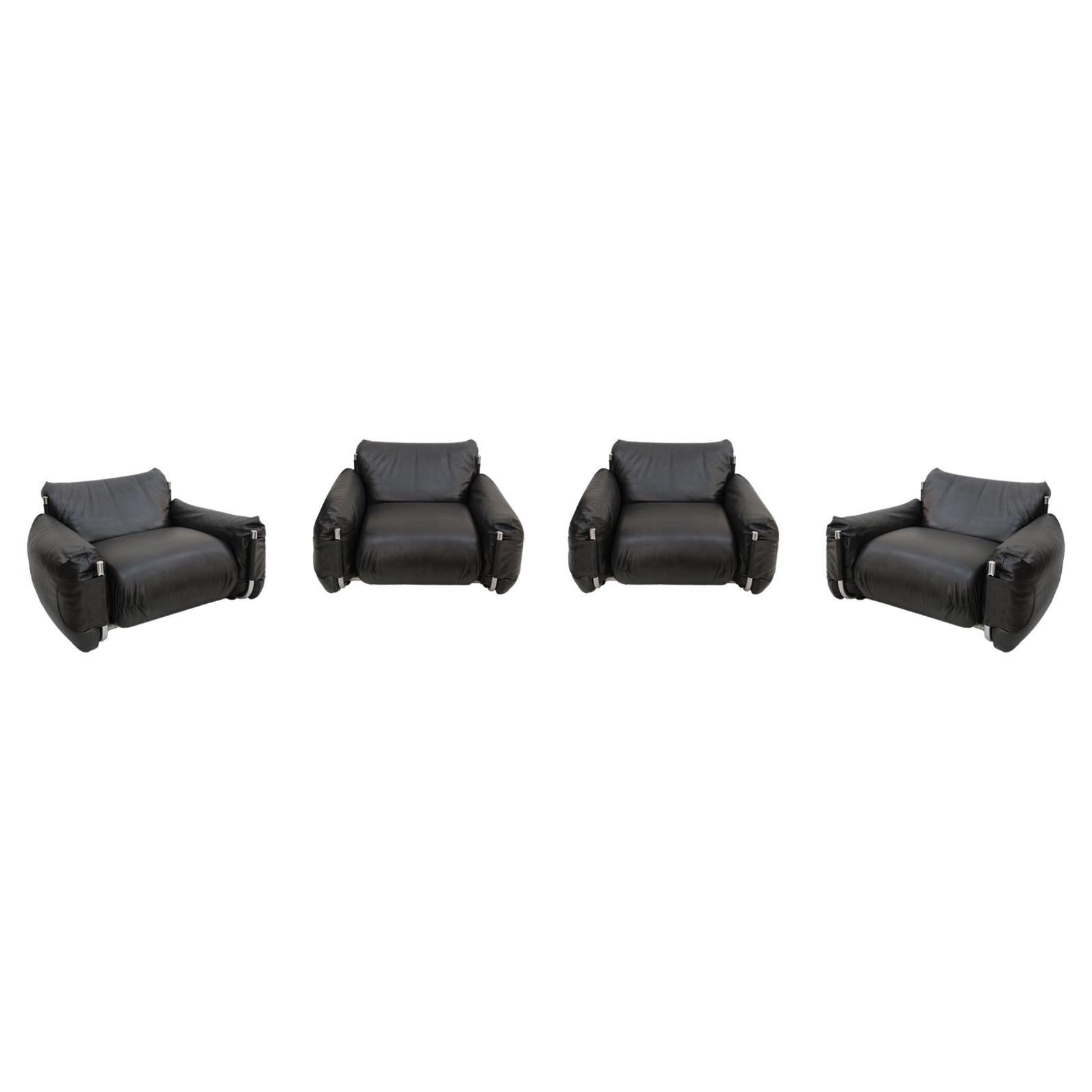 Mid-century Modern Black Leather Armchairs by Giuseppe Munari, set of 4