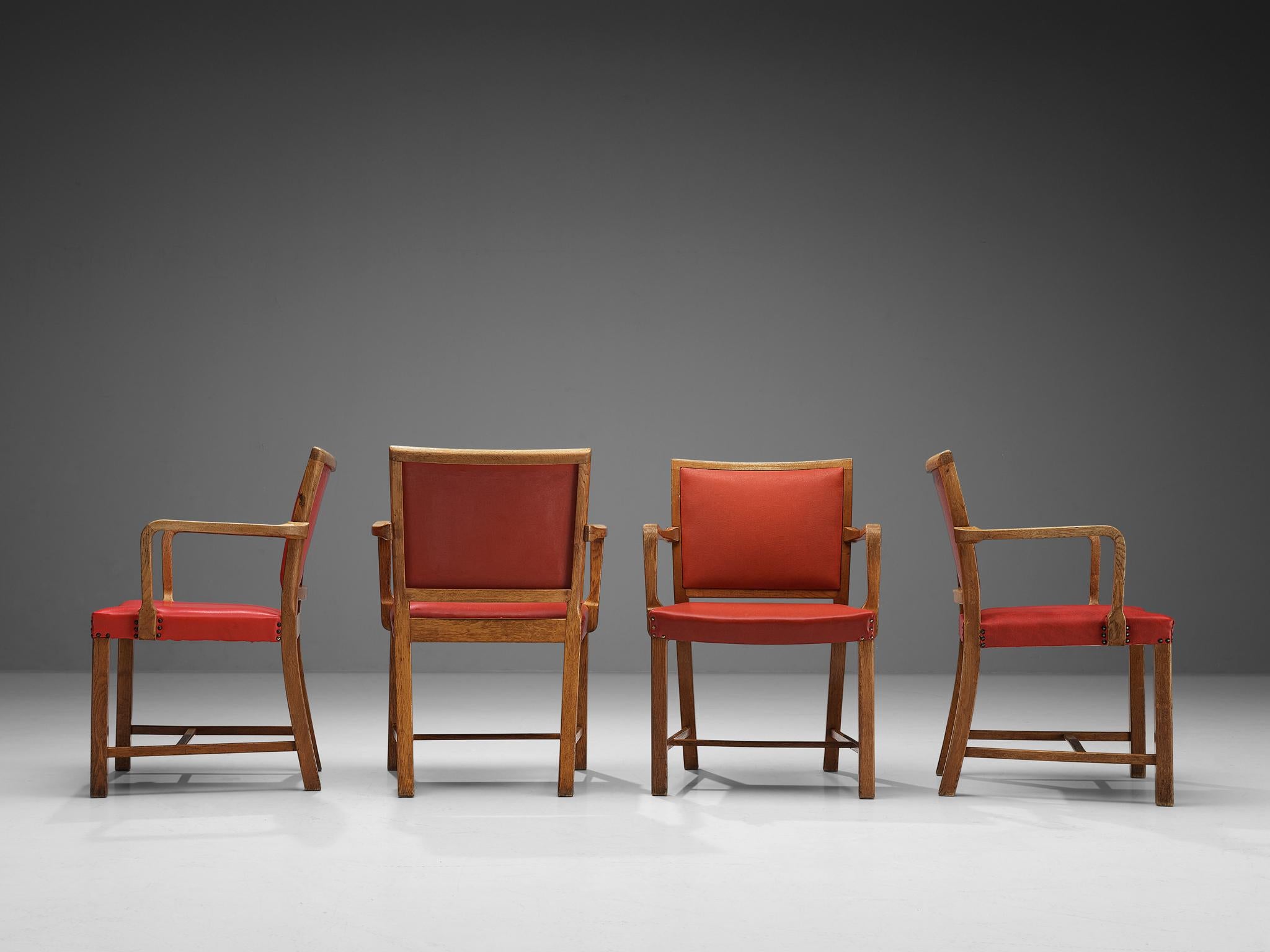 European Set of Four Armchairs in Oak and Red Leatherette For Sale