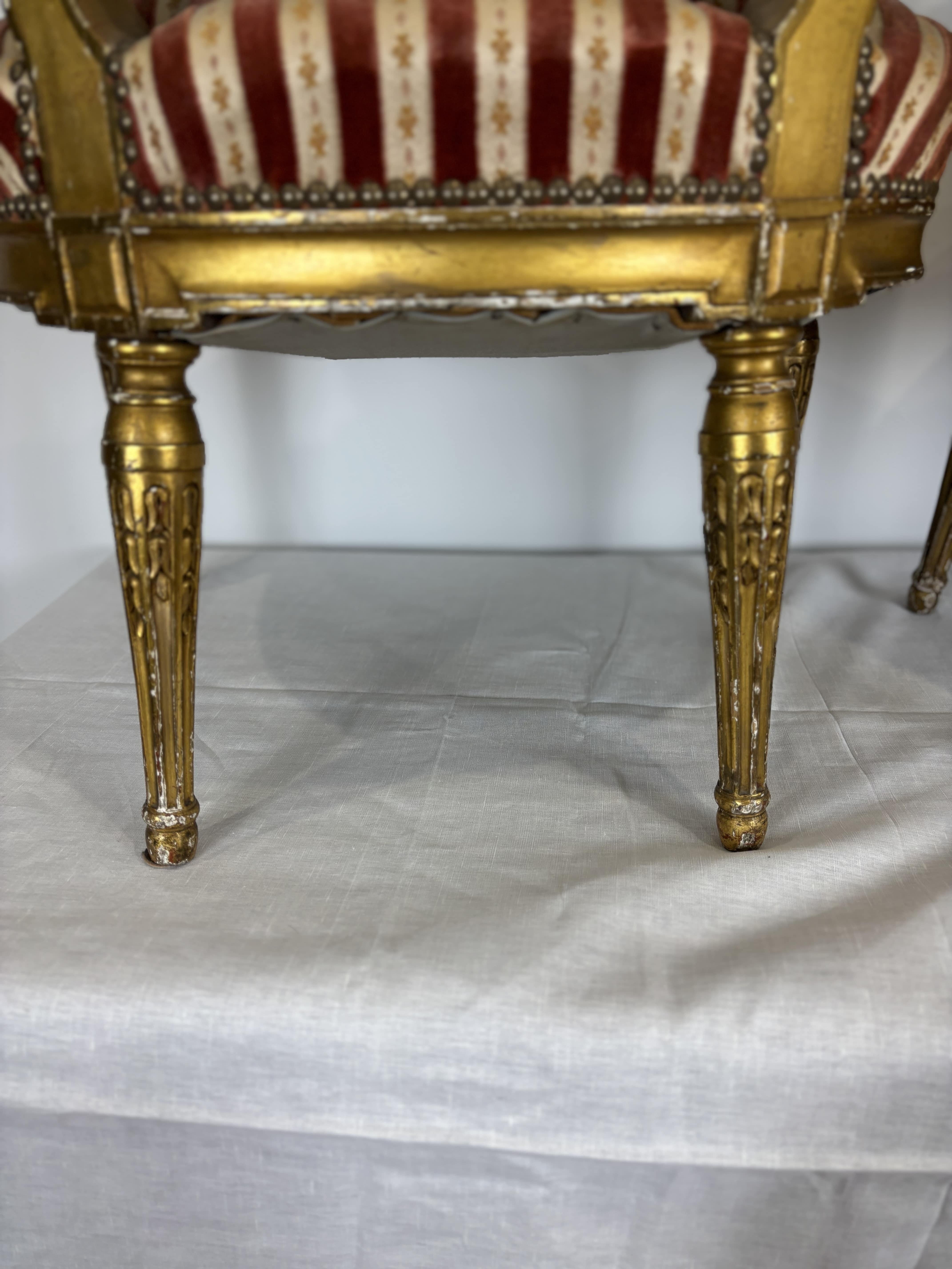 Set di quattro poltrone con schienale a medaglione in legno dorato intagliato, XIX secolo in vendita 7
