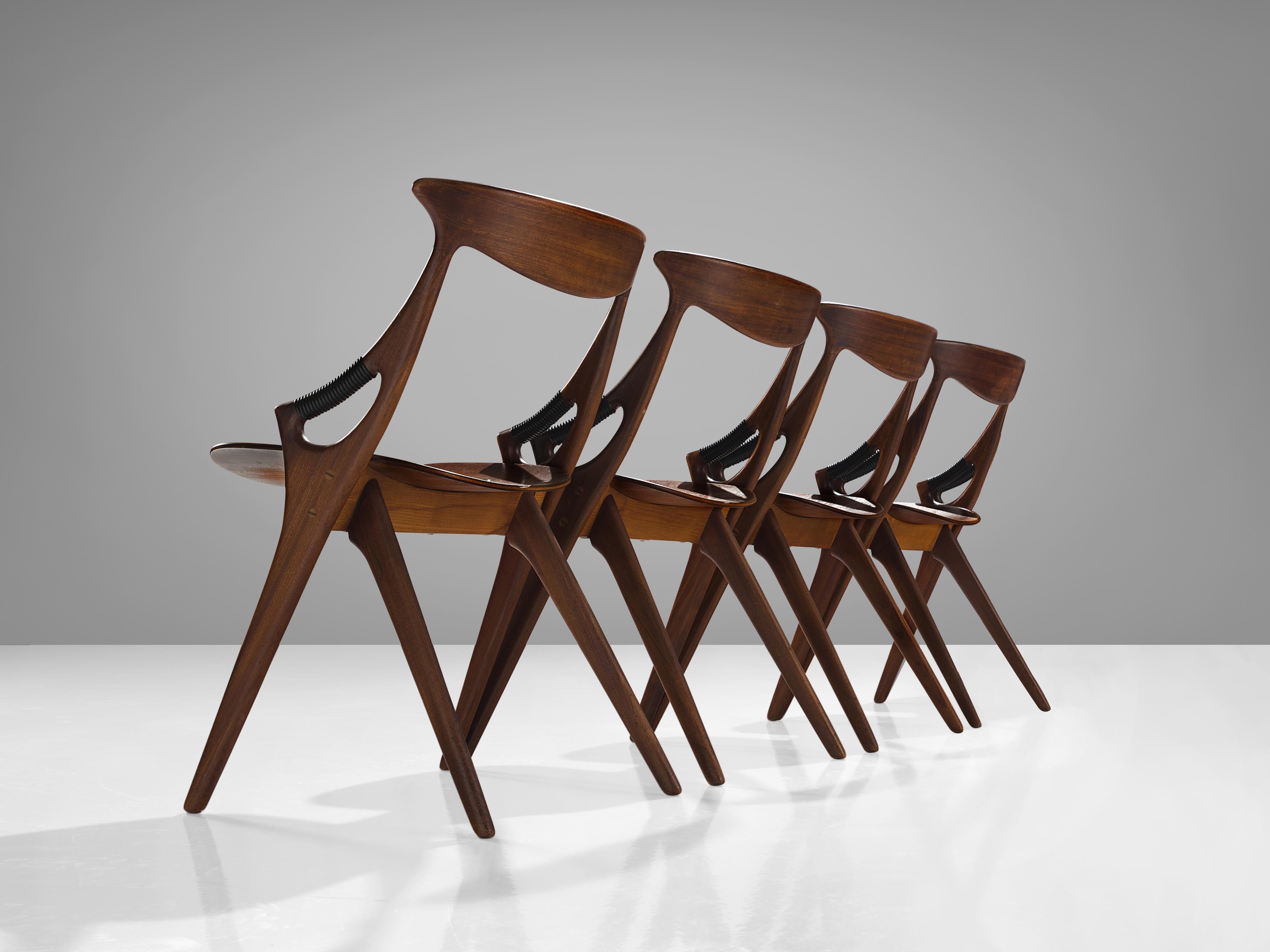 Arne Hovmand-Olsen for Mogens Kold Møbelfabrik, set of four dining chairs, model 71, mahogany, Denmark, 1959 

This sculptural set of four dining chairs is designed by the Dane Arne Hovmand-Olsen for for Mogens Kold Møbelfabrik. The chairs are