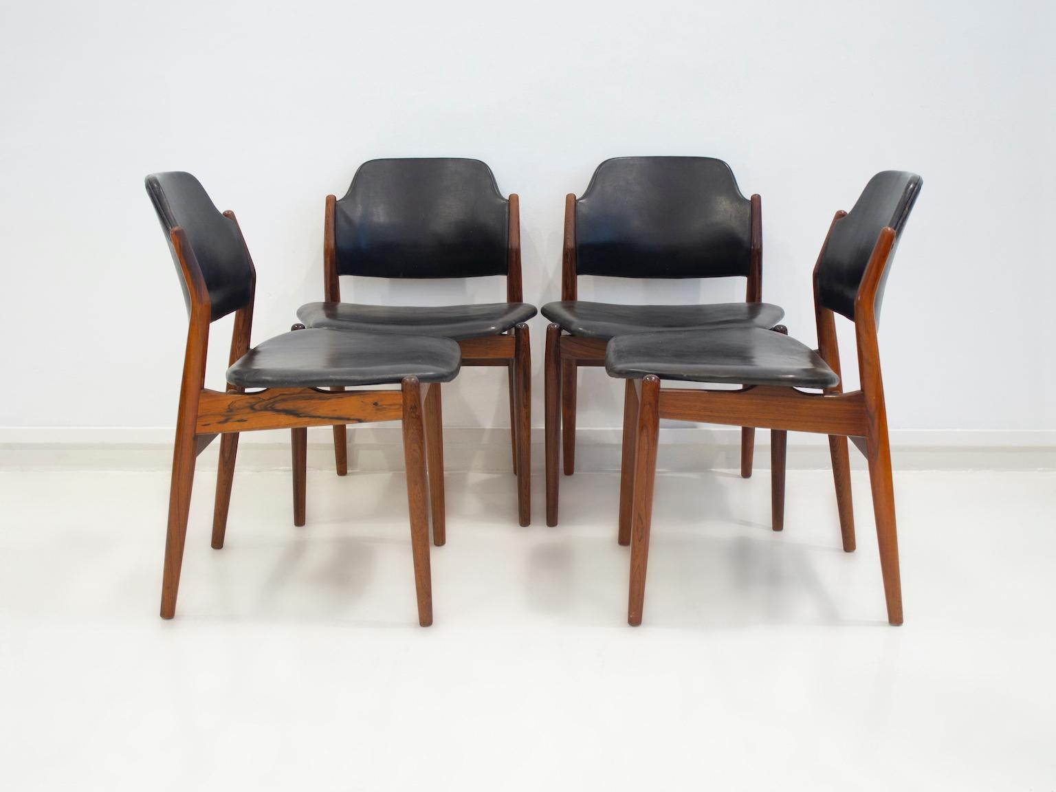 Danish Set of Four Arne Vodder Hardwood and Black Leather Chairs
