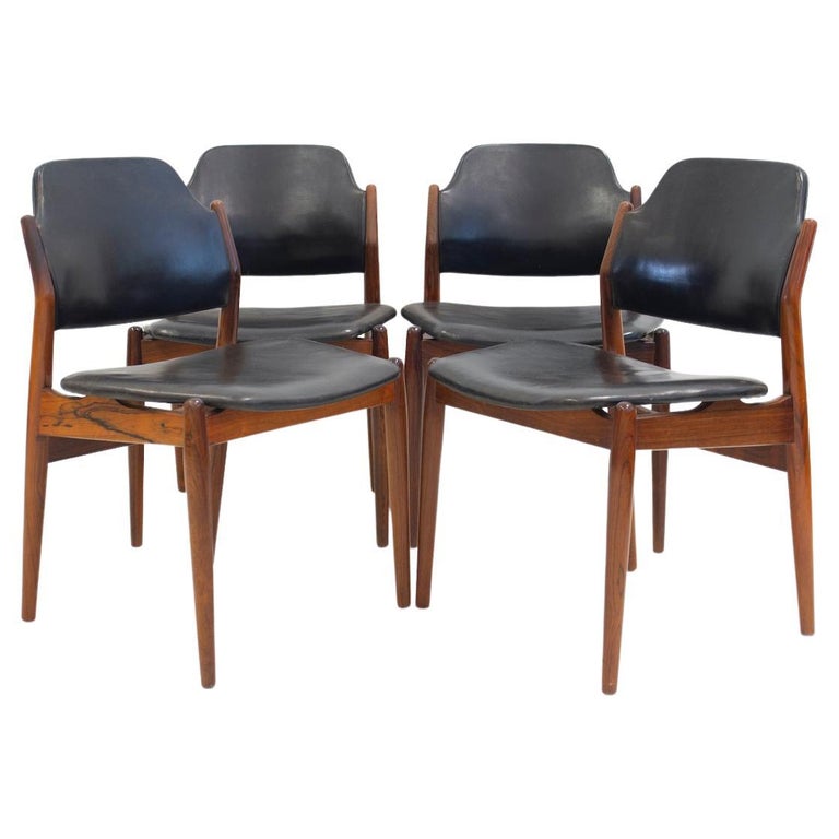 Set of Four Arne Vodder Hardwood and Black Leather Chairs For Sale