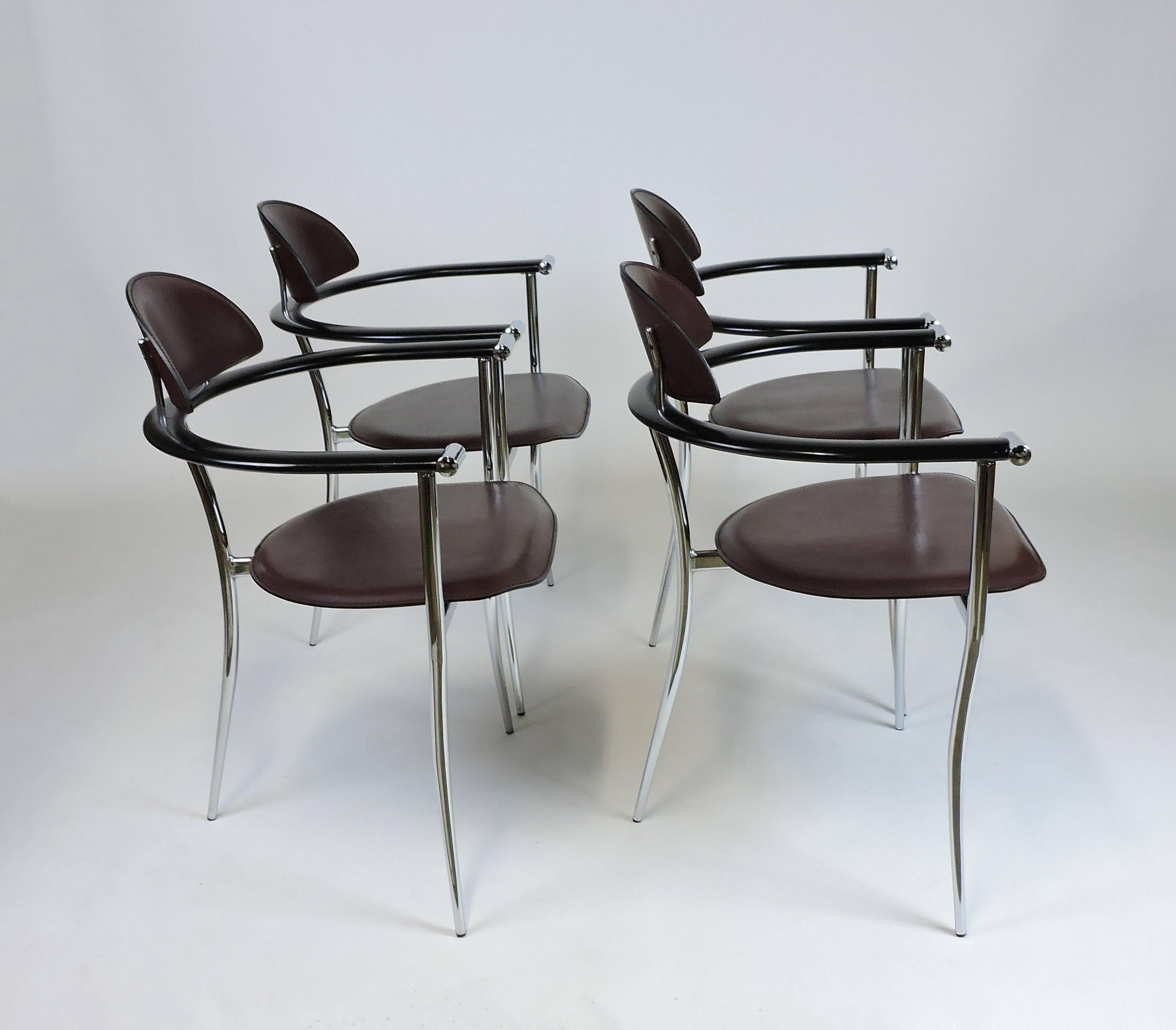 Set of Four Arrben Marilyn Italian Modern Leather and Chrome Dining Chairs In Good Condition In Chesterfield, NJ