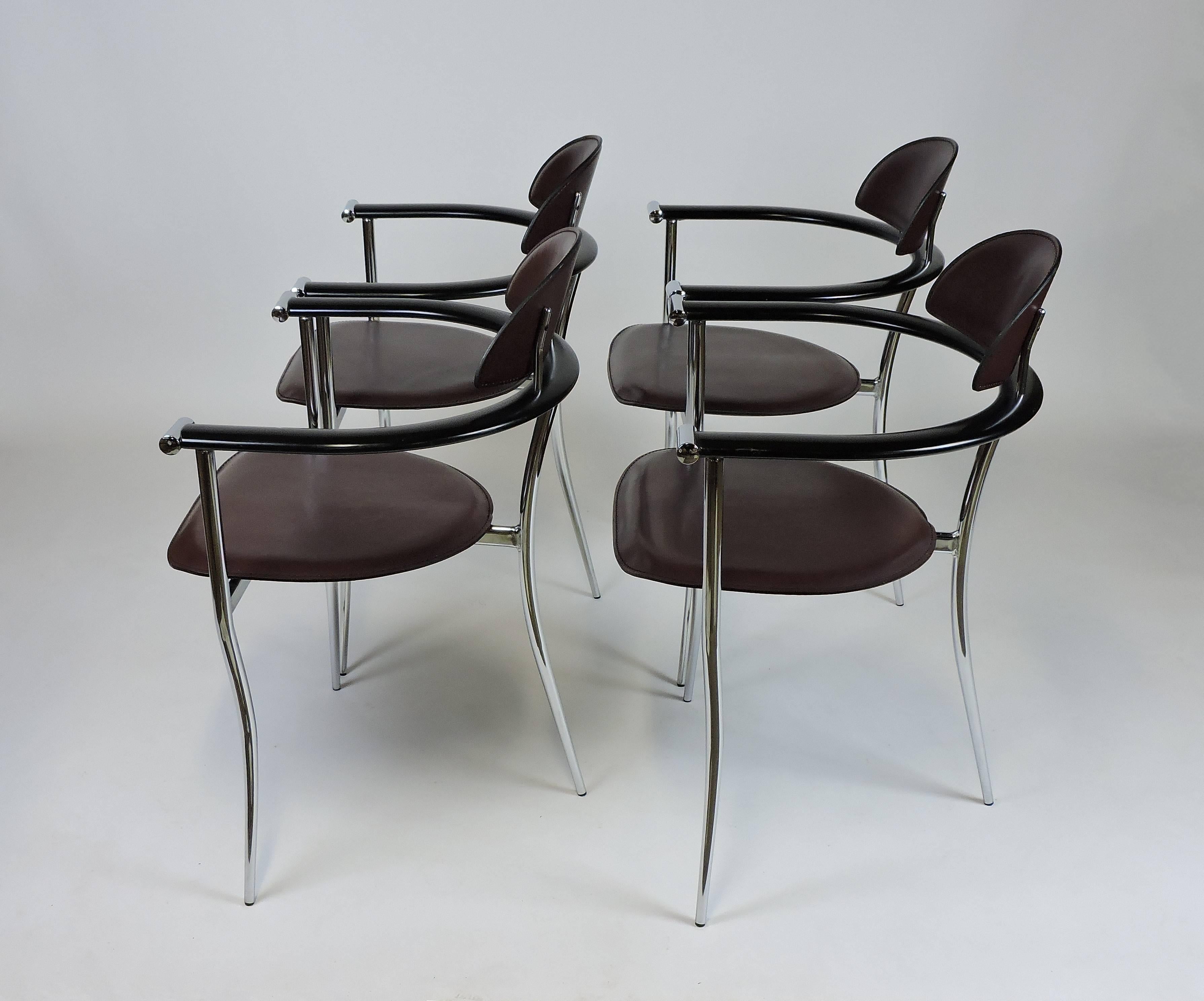 Late 20th Century Set of Four Arrben Marilyn Italian Modern Leather and Chrome Dining Chairs