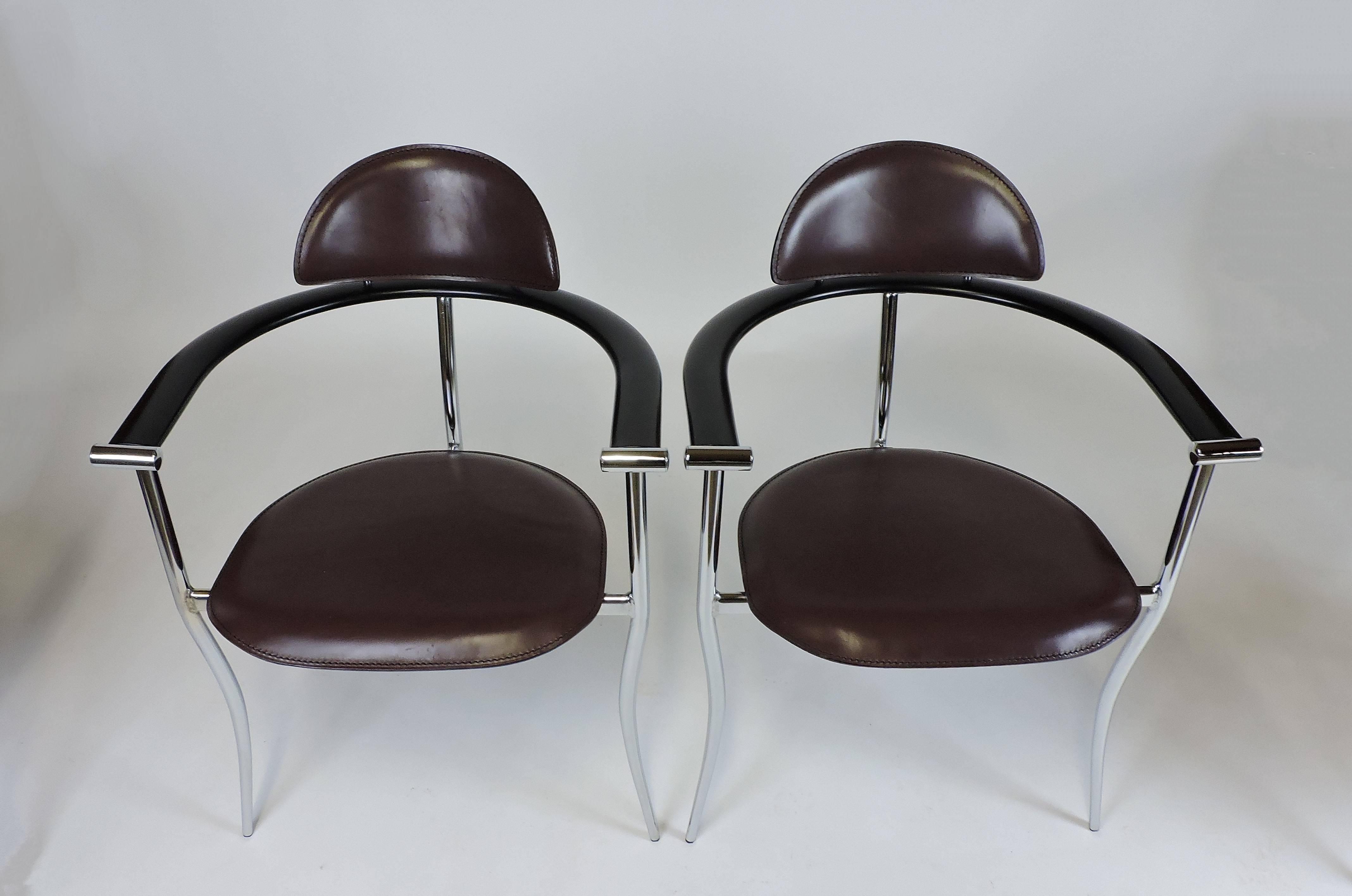 Set of Four Arrben Marilyn Italian Modern Leather and Chrome Dining Chairs 1