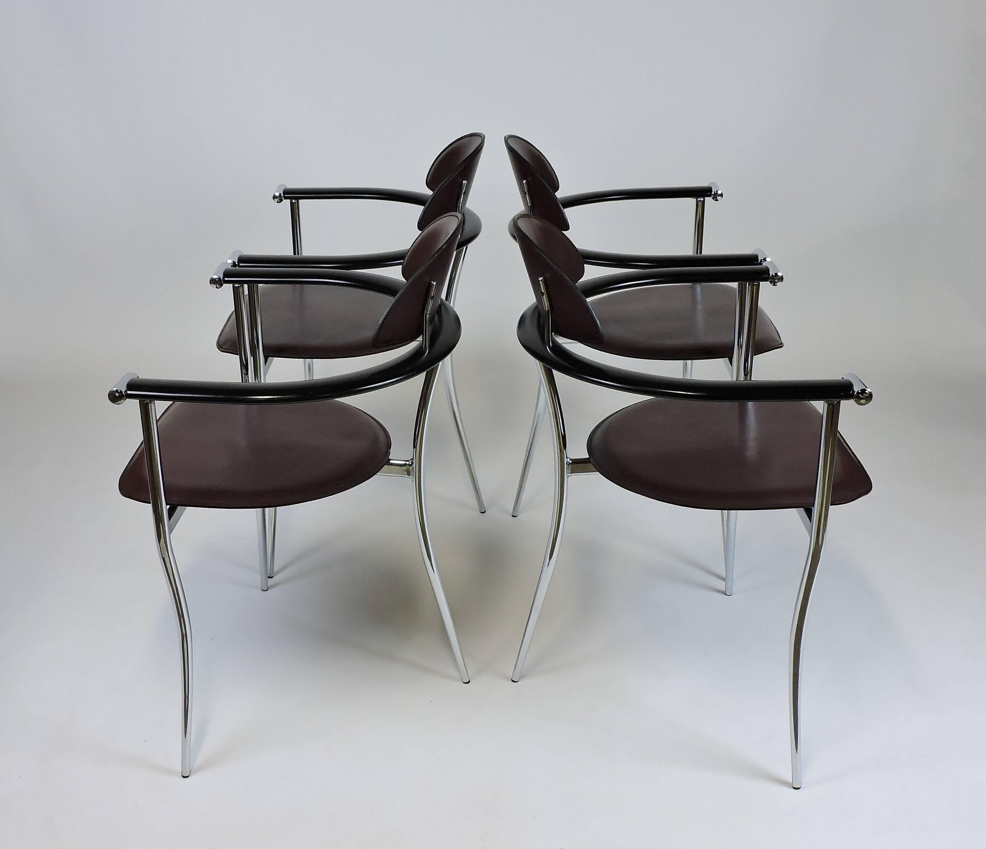 Set of Four Arrben Marilyn Italian Modern Leather and Chrome Dining Chairs 4
