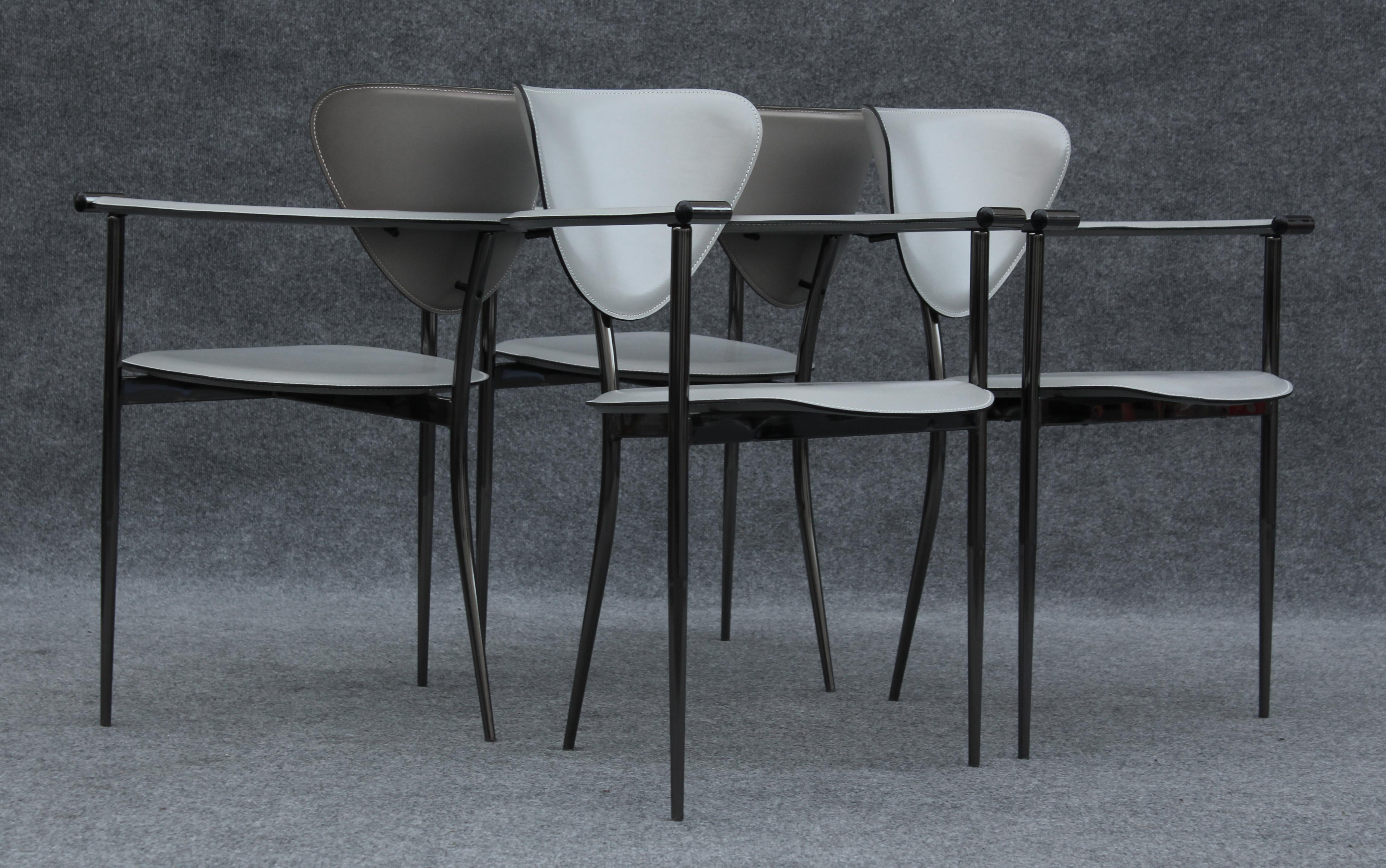 Late 20th Century Set of Four Arrben 'Marilyn' Chairs in Gray Leather & Black Chrome Made in Italy