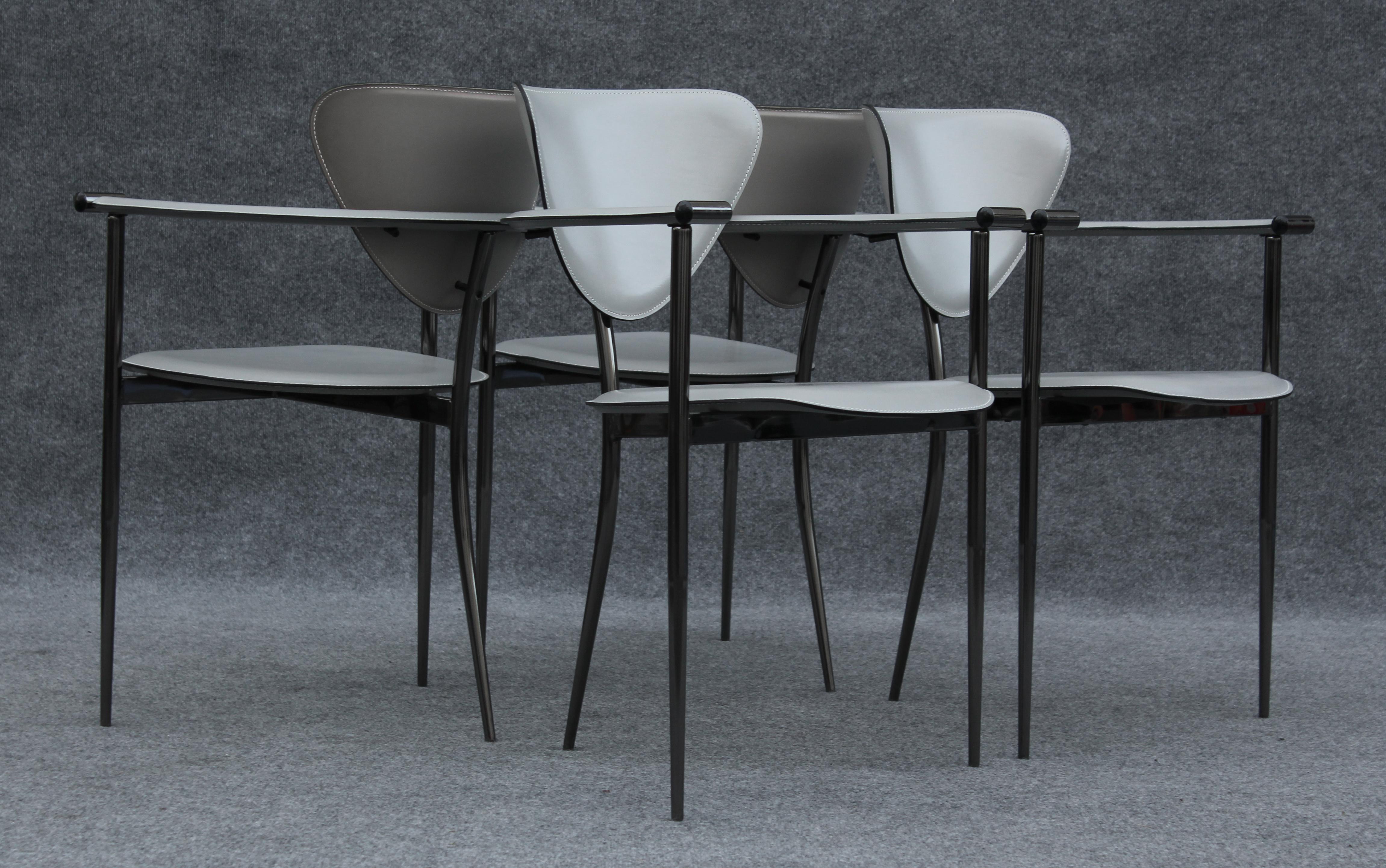 Late 20th Century Set of Four Arrben 'Marilyn' Chairs in Gray Leather & Black Chrome Made in Italy For Sale