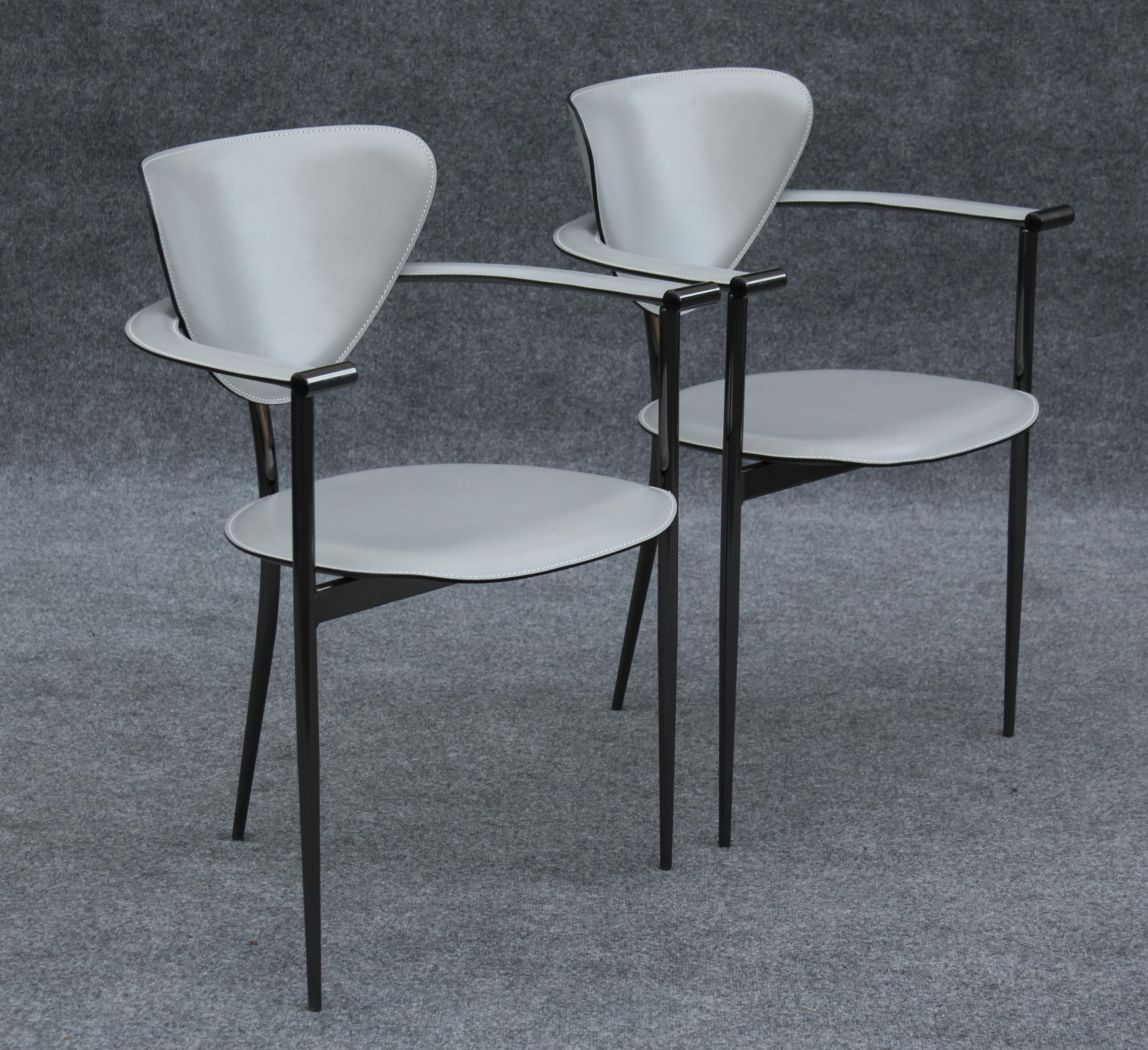 Steel Set of Four Arrben 'Marilyn' Chairs in Gray Leather & Black Chrome Made in Italy For Sale