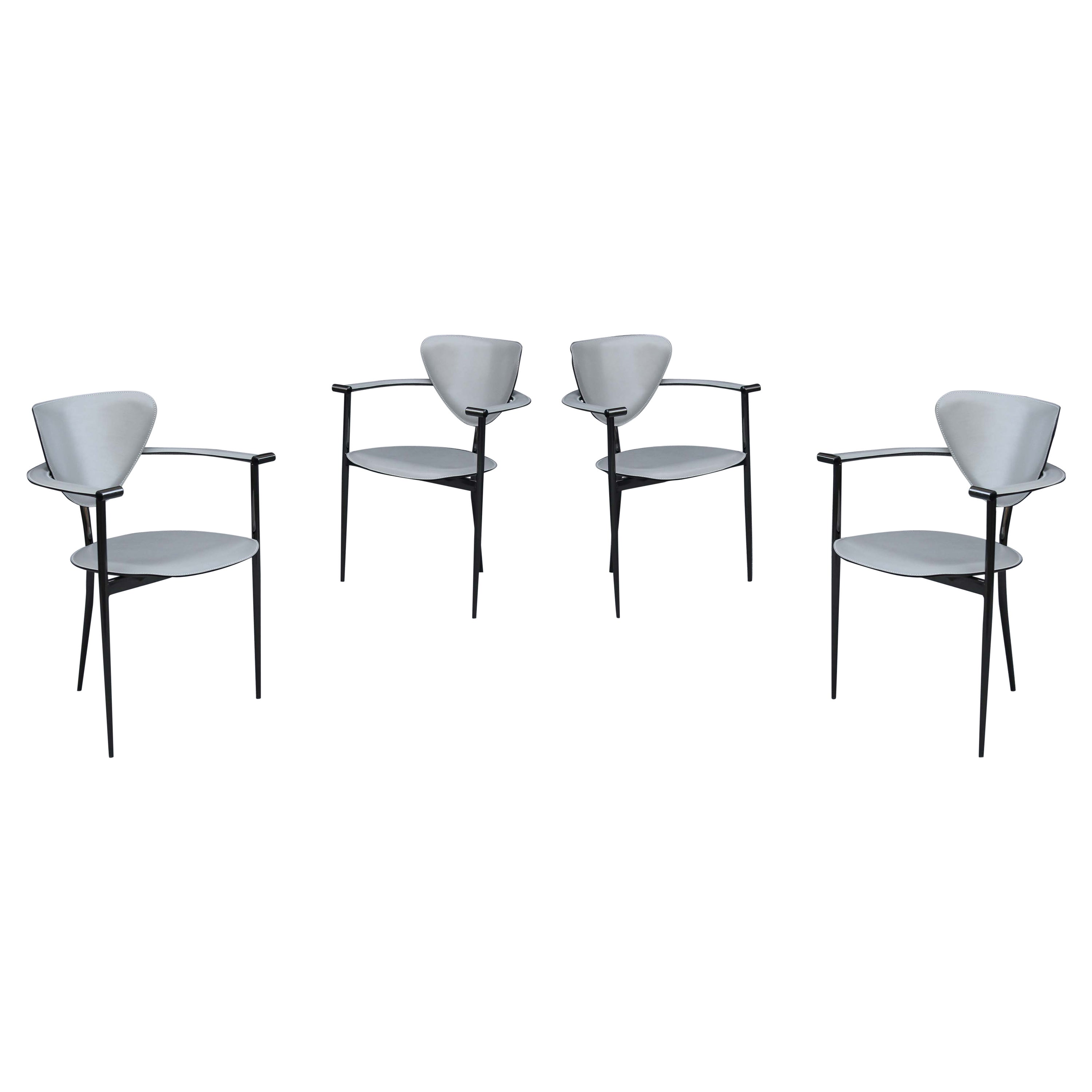 Set of Four Arrben 'Marilyn' Chairs in Gray Leather & Black Chrome Made in Italy