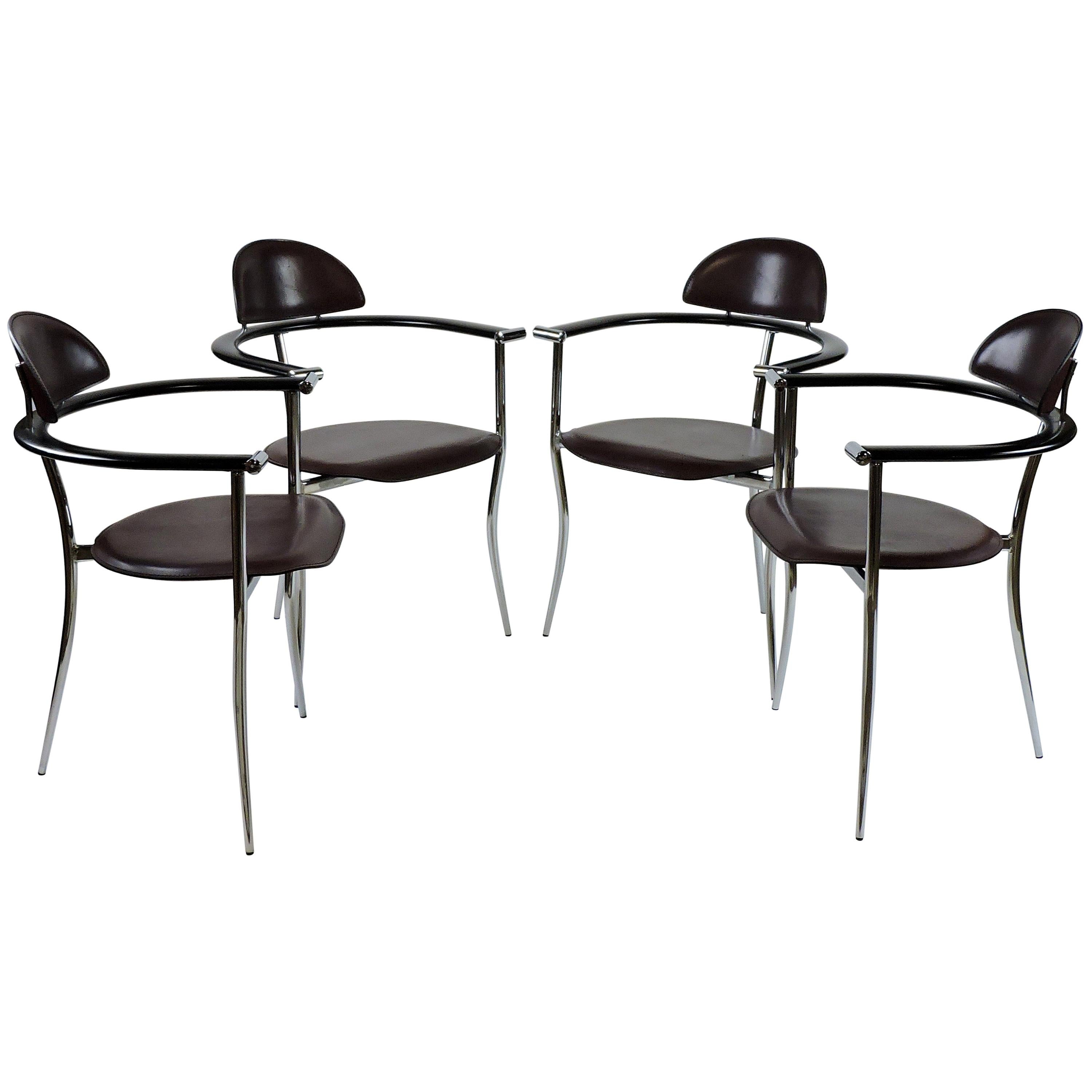 Set of Four Arrben Marilyn Italian Modern Leather and Chrome Dining Chairs