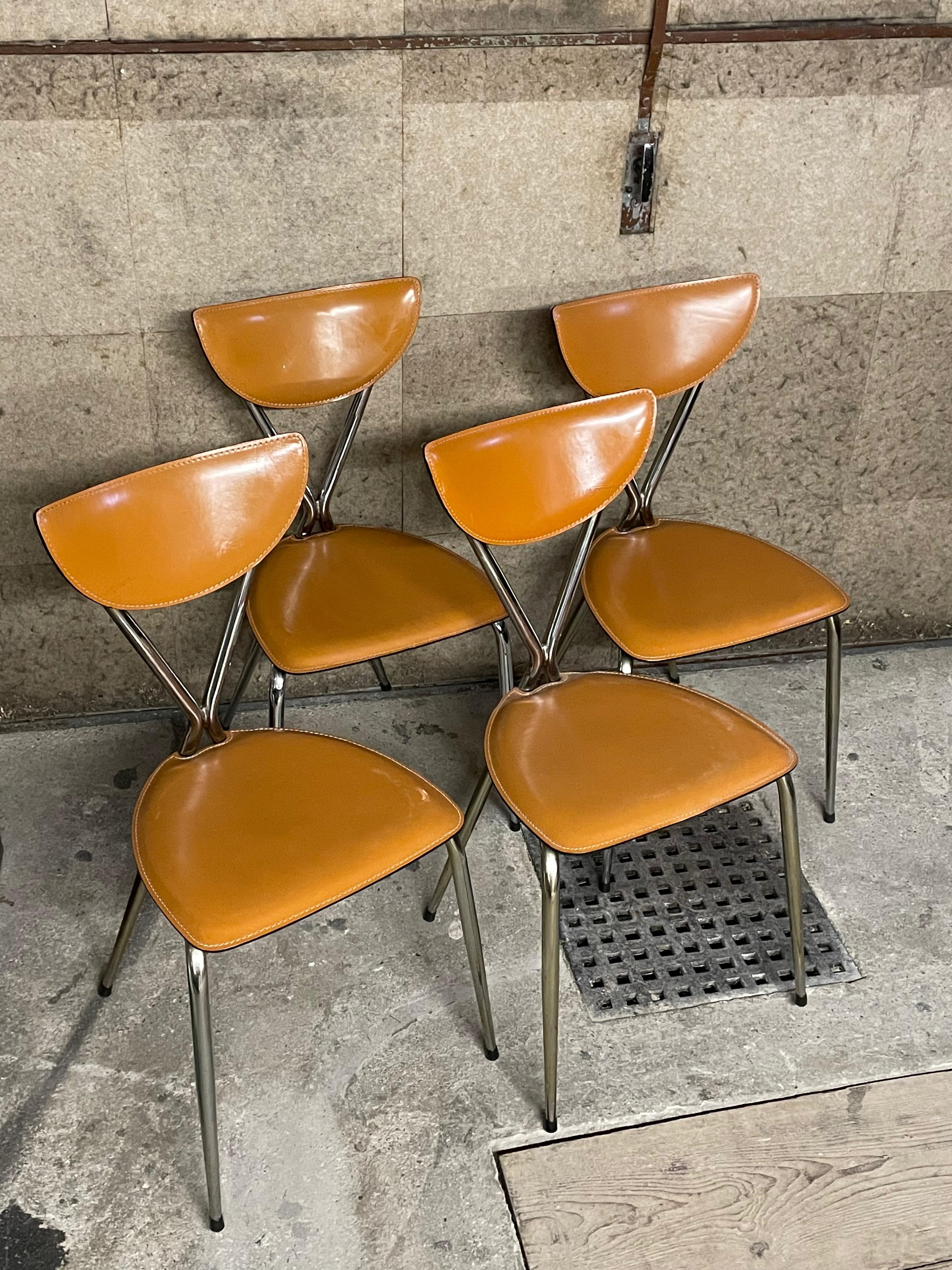 Mid-Century Modern Set of Four Arrben of Italy Cognac Leather and Chrome Framed Dining Chairs For Sale