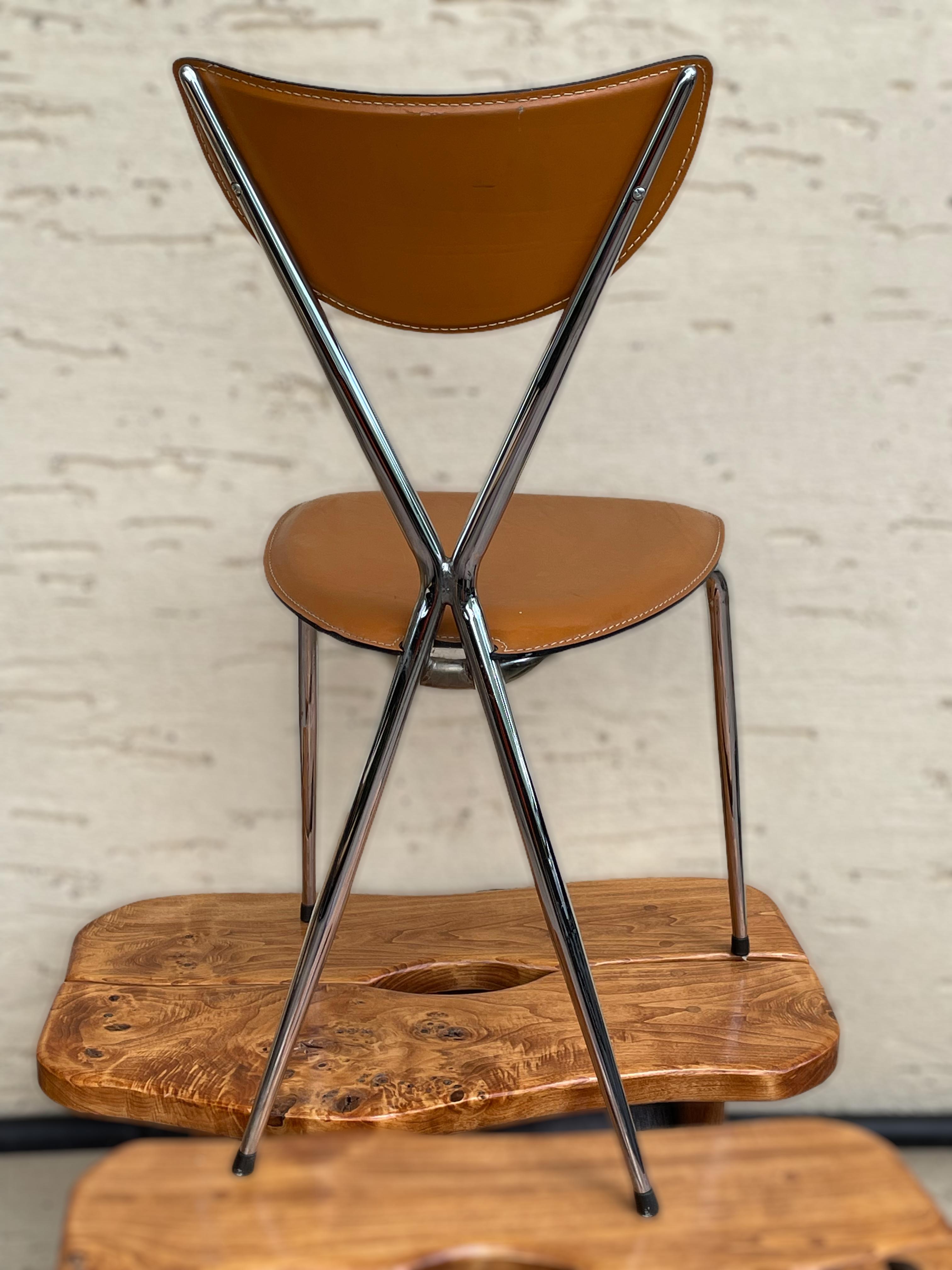 Mid-20th Century Set of Four Arrben of Italy Cognac Leather and Chrome Framed Dining Chairs For Sale