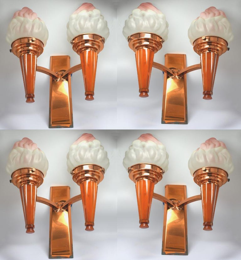 Set of Four Art Deco Matching Flame Wall Light Sconces, circa 1930 at