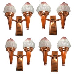 Set of Four Art Deco Matching Flame Wall Light Sconces, circa 1930
