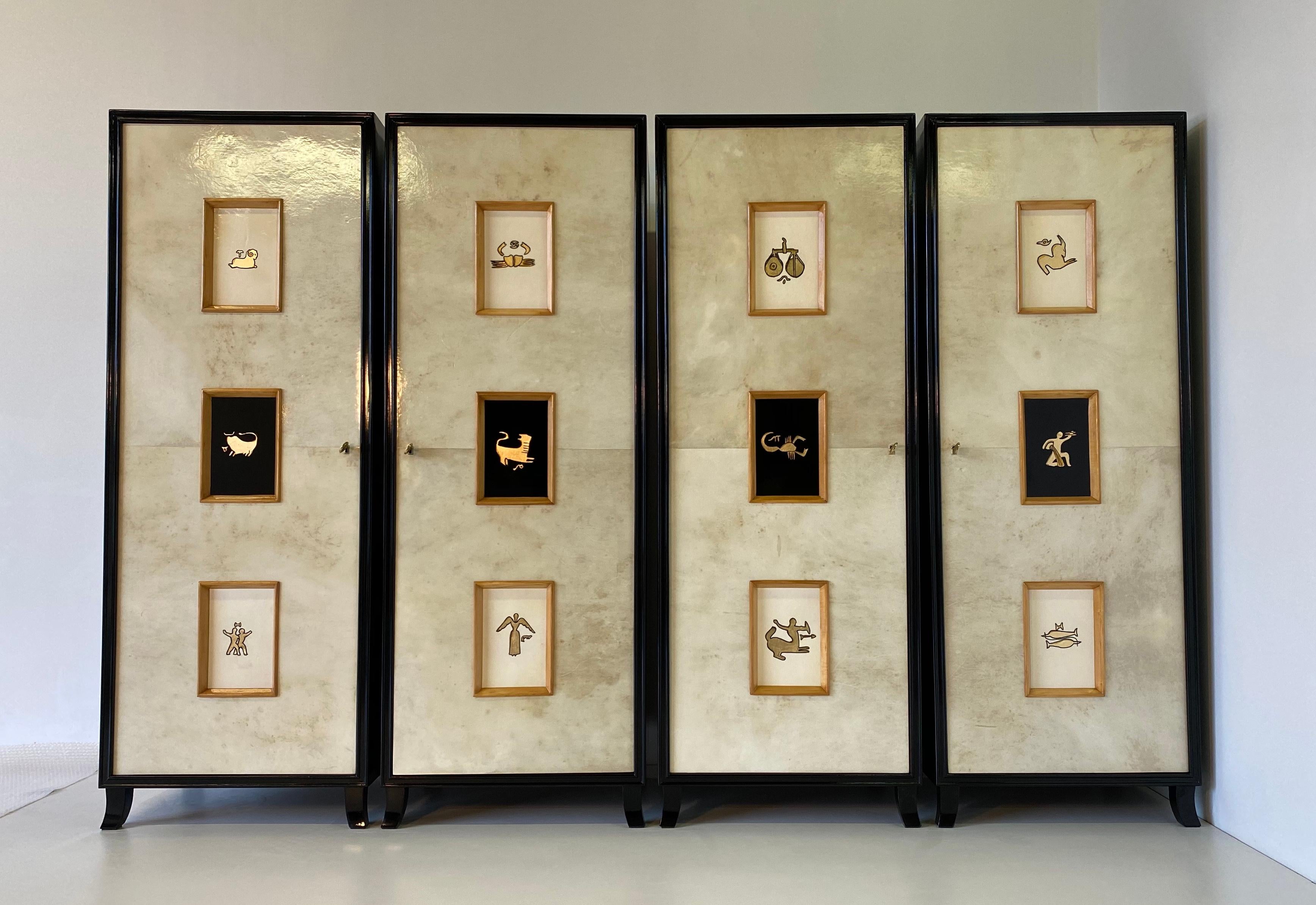 Italian Set of Four Art Deco Parchment Cabinets with Gold Leaf Zodiac Signs, 1940s