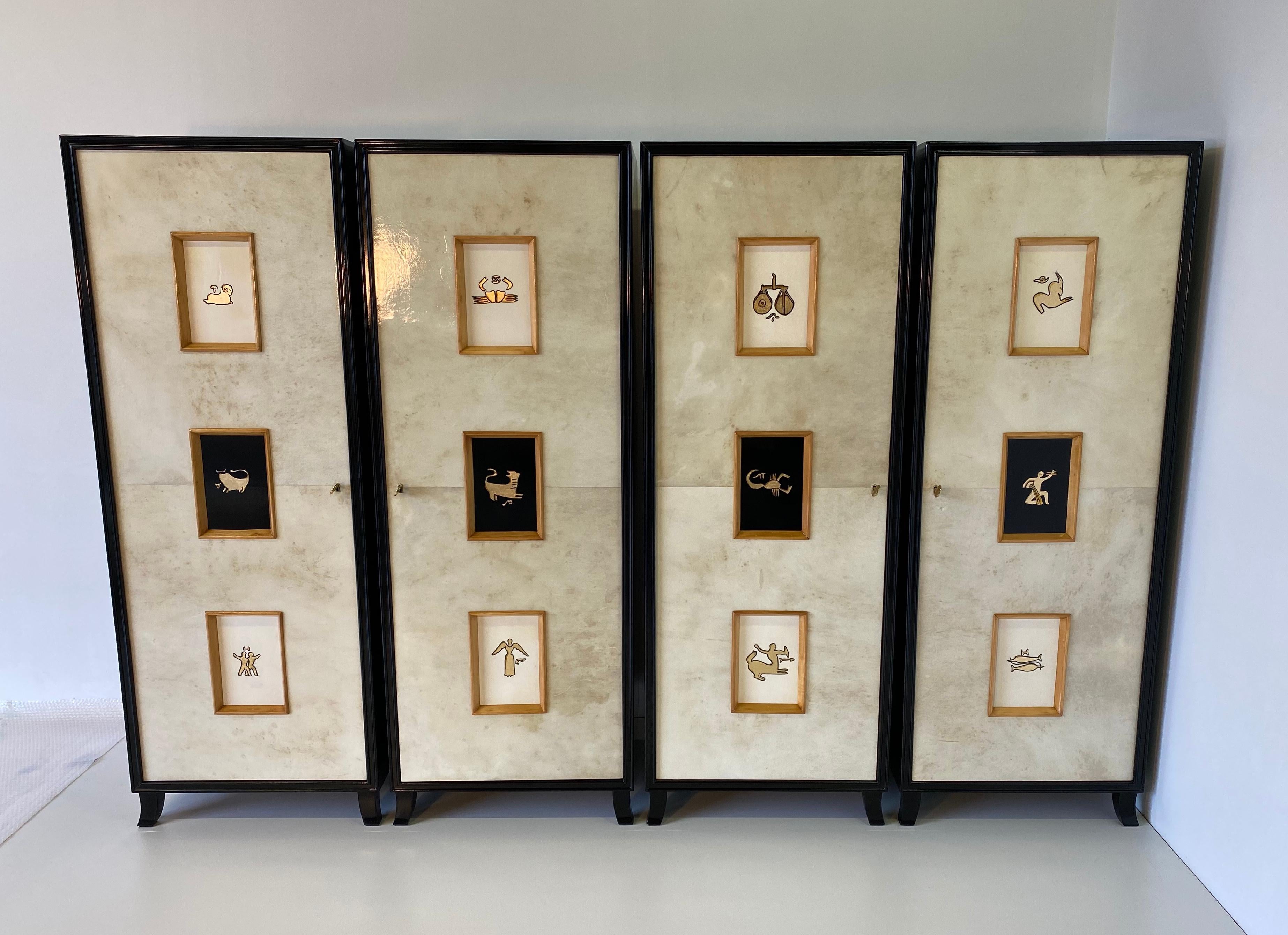 Set of Four Art Deco Parchment Cabinets with Gold Leaf Zodiac Signs, 1940s In Good Condition In Meda, MB