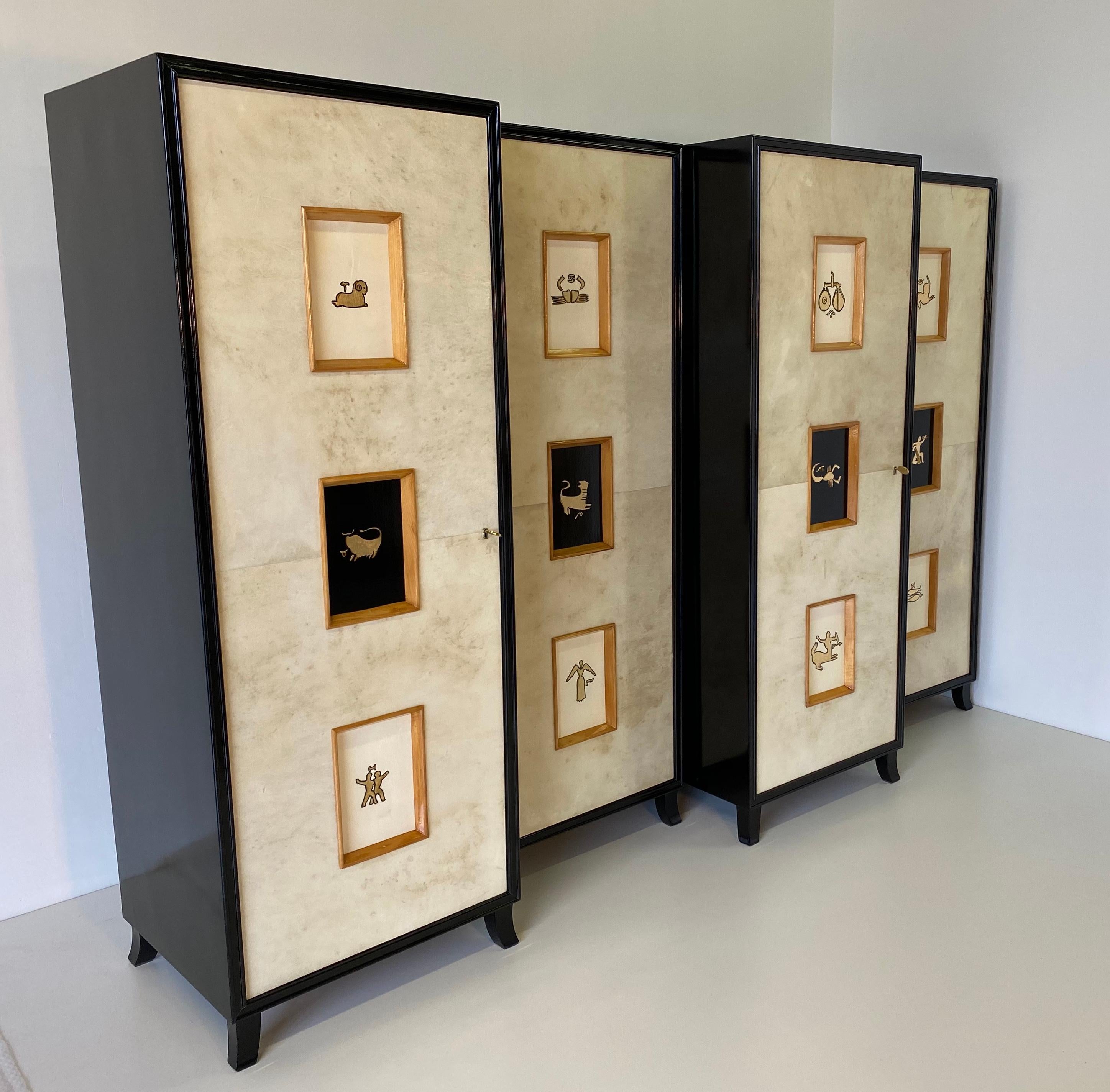 Set of Four Art Deco Parchment Cabinets with Gold Leaf Zodiac Signs, 1940s 3