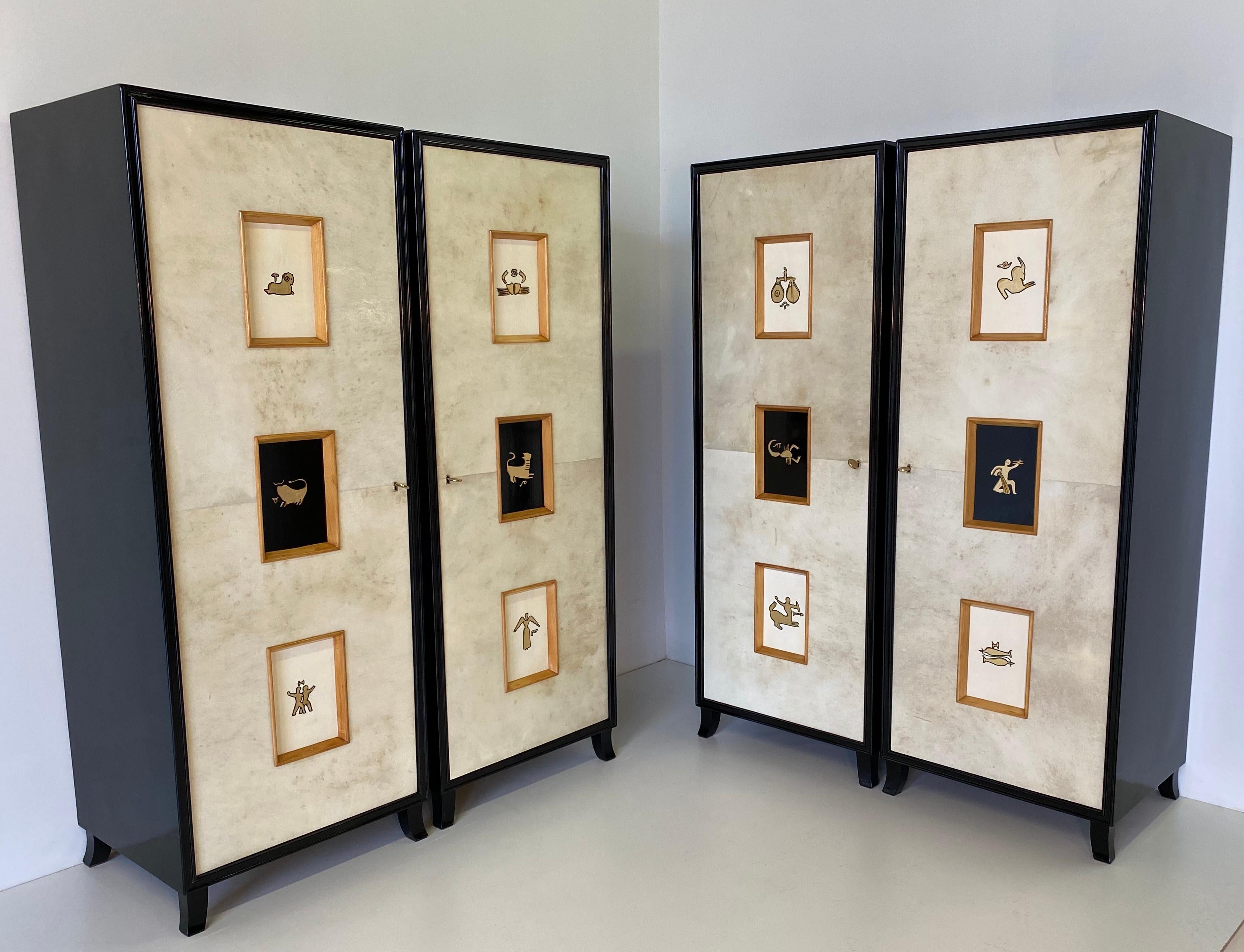 Set of Four Art Deco Parchment Cabinets with Gold Leaf Zodiac Signs, 1940s 4