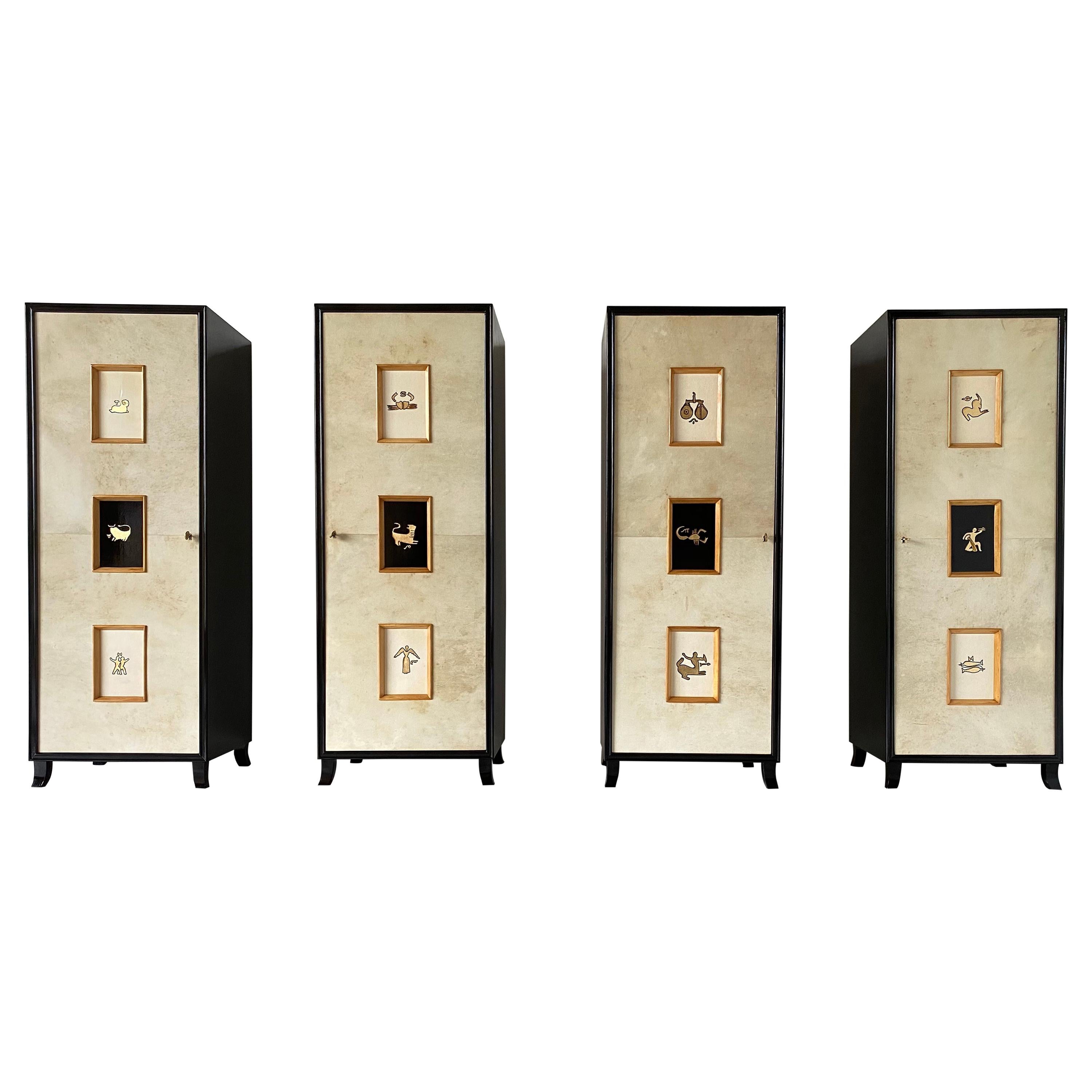 Set of Four Art Deco Parchment Cabinets with Gold Leaf Zodiac Signs, 1940s