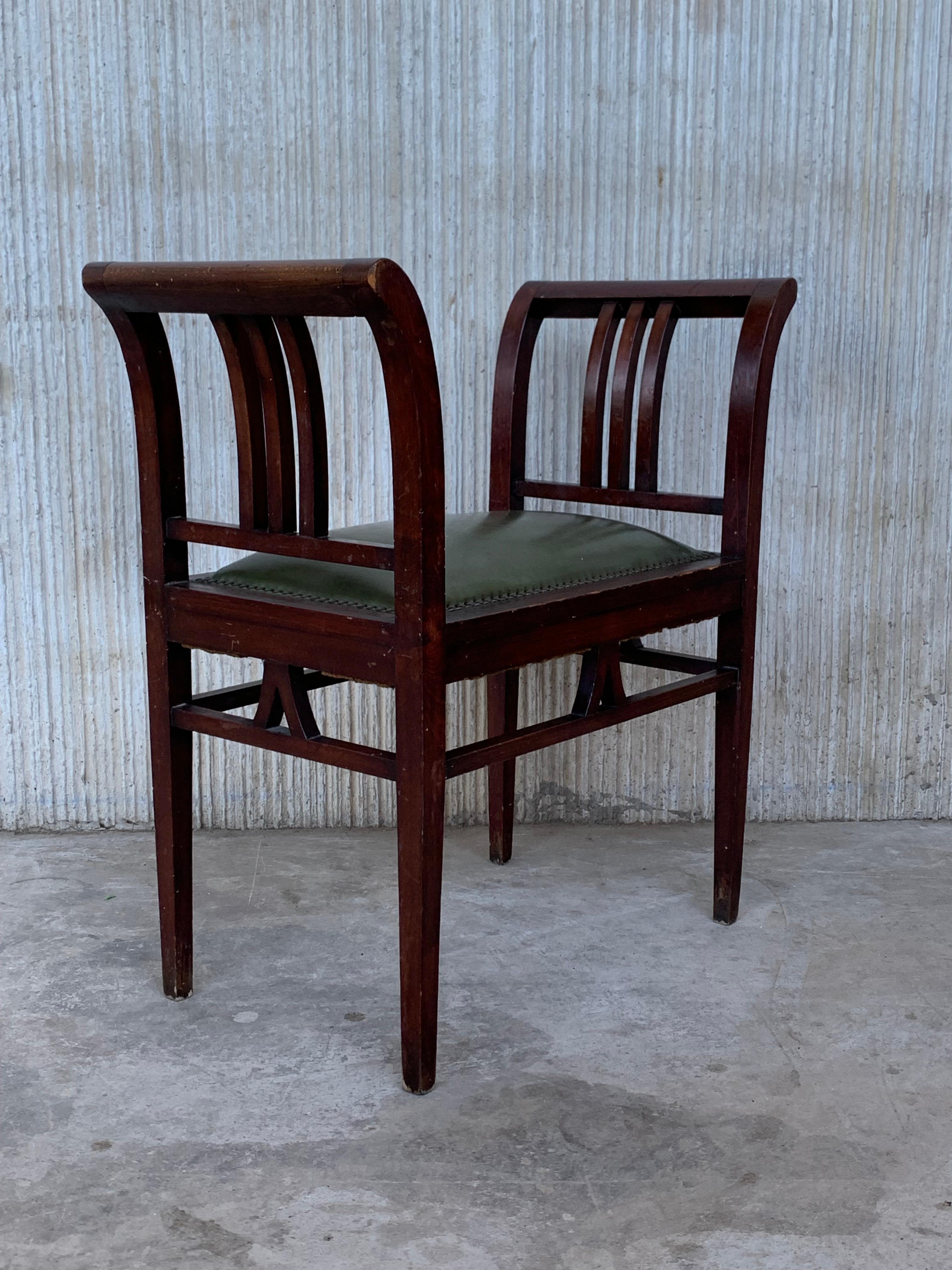 Set of Four Art Deco Stools in Walnut with Arms and Seat Leather For Sale 4