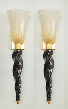 Set of  Four Art Deco Style Murano Black and Gold Glass Wall Lights, in Stock