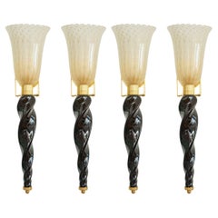 Set of Four Art Deco Style Murano Black and Gold Glass Wall Lights, in Stock Set of Four Art Deco Style Murano Black and Gold Glass Wall Lights, in Stock